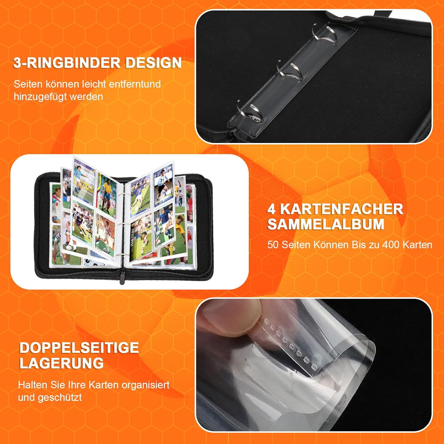 Detalle de Sammelalbum Fußball Karten – 4 Taschen, Platz für bis zu 400 Karten, Reißverschluss, 50 Seiten pro Seite