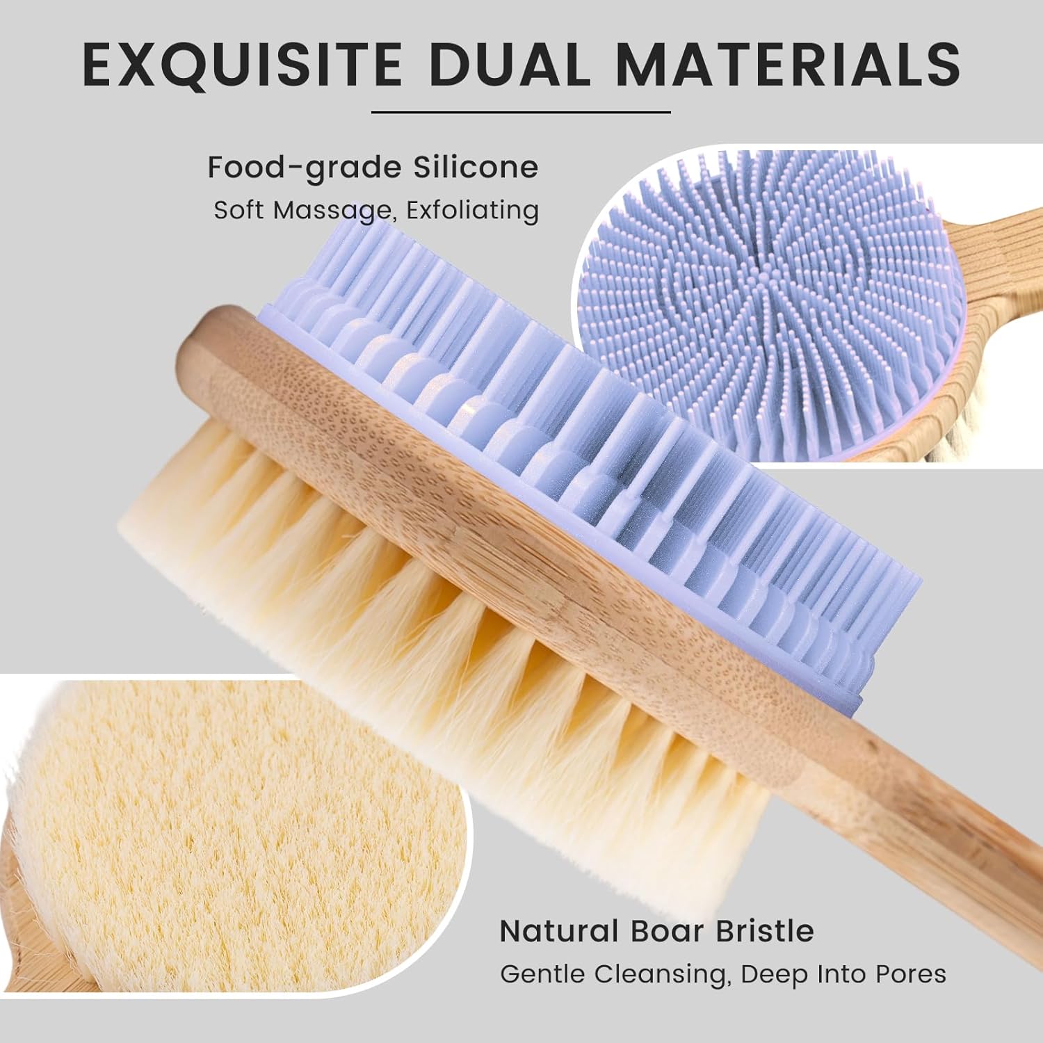 Detalle de Back Scrubber for Shower: Double-Sided Silicone & Dense Nylon Bristles with Bamboo Handle