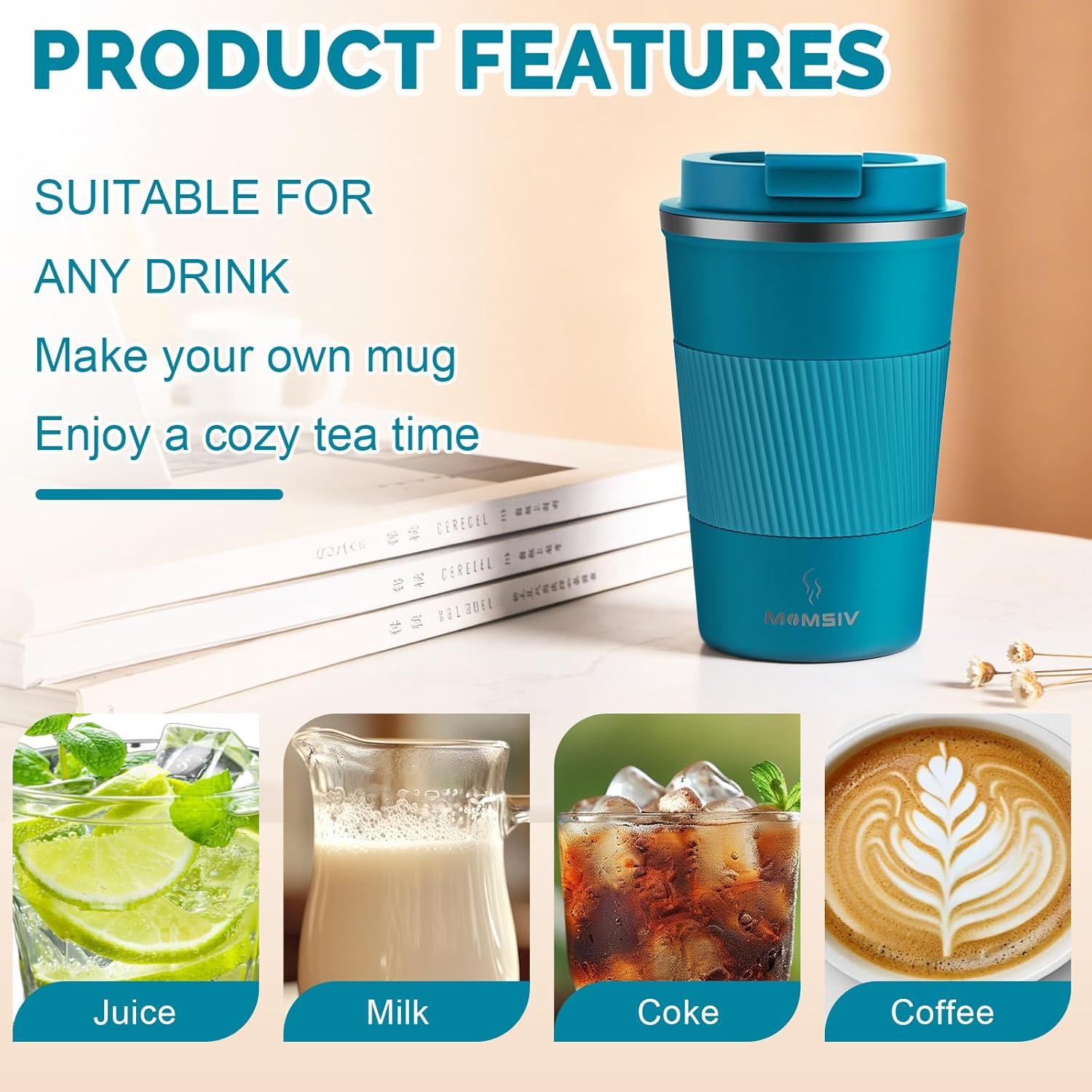 Thumbnail 3 de MOMSIV Thermobecher Isolierbecher 380 ml – rutschfester Vakuum-Travel Mug mit Deckel