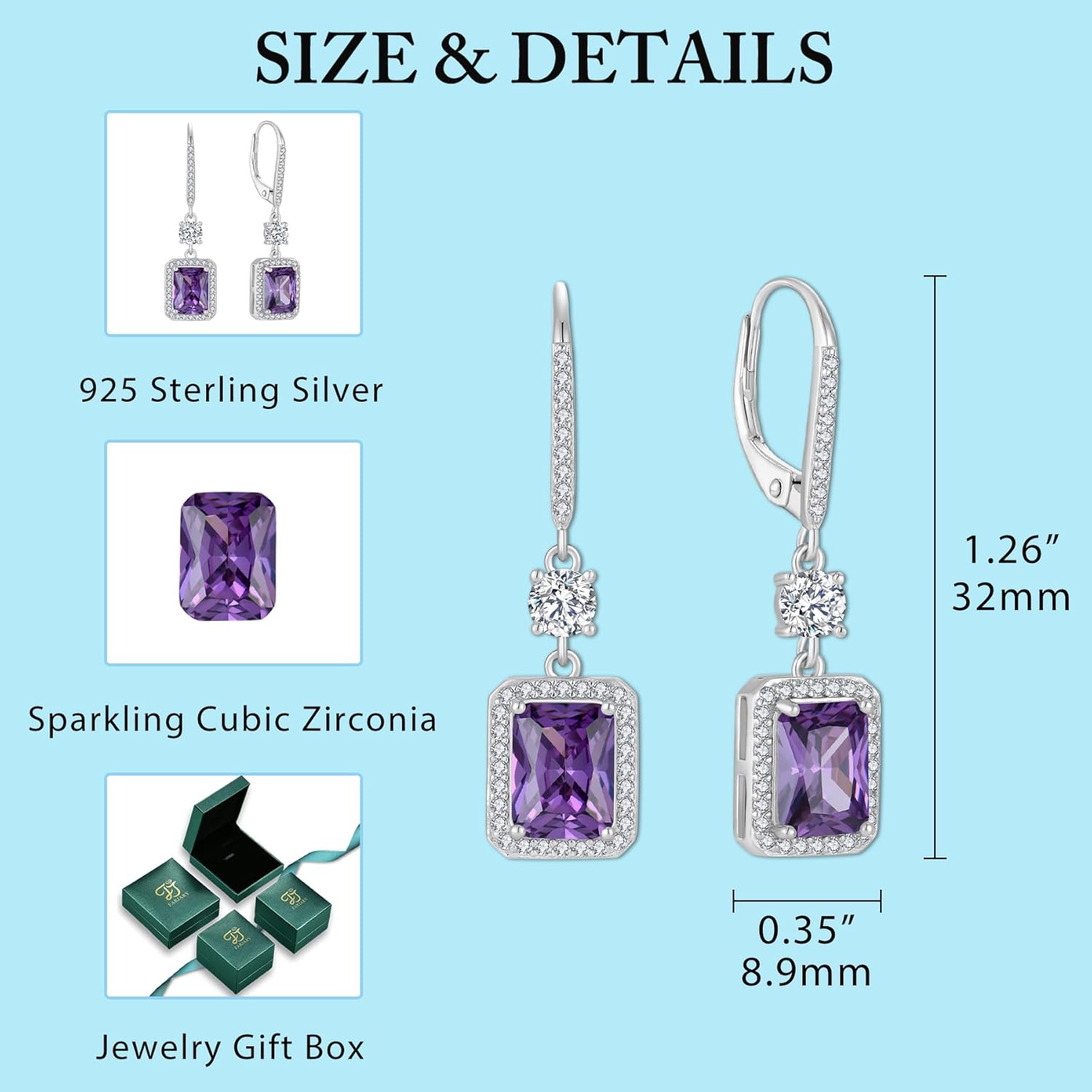 Thumbnail 5 de 925 Sterling Silver Rectangular Cut Dangle Drop Earrings with Birthstone & Leverback