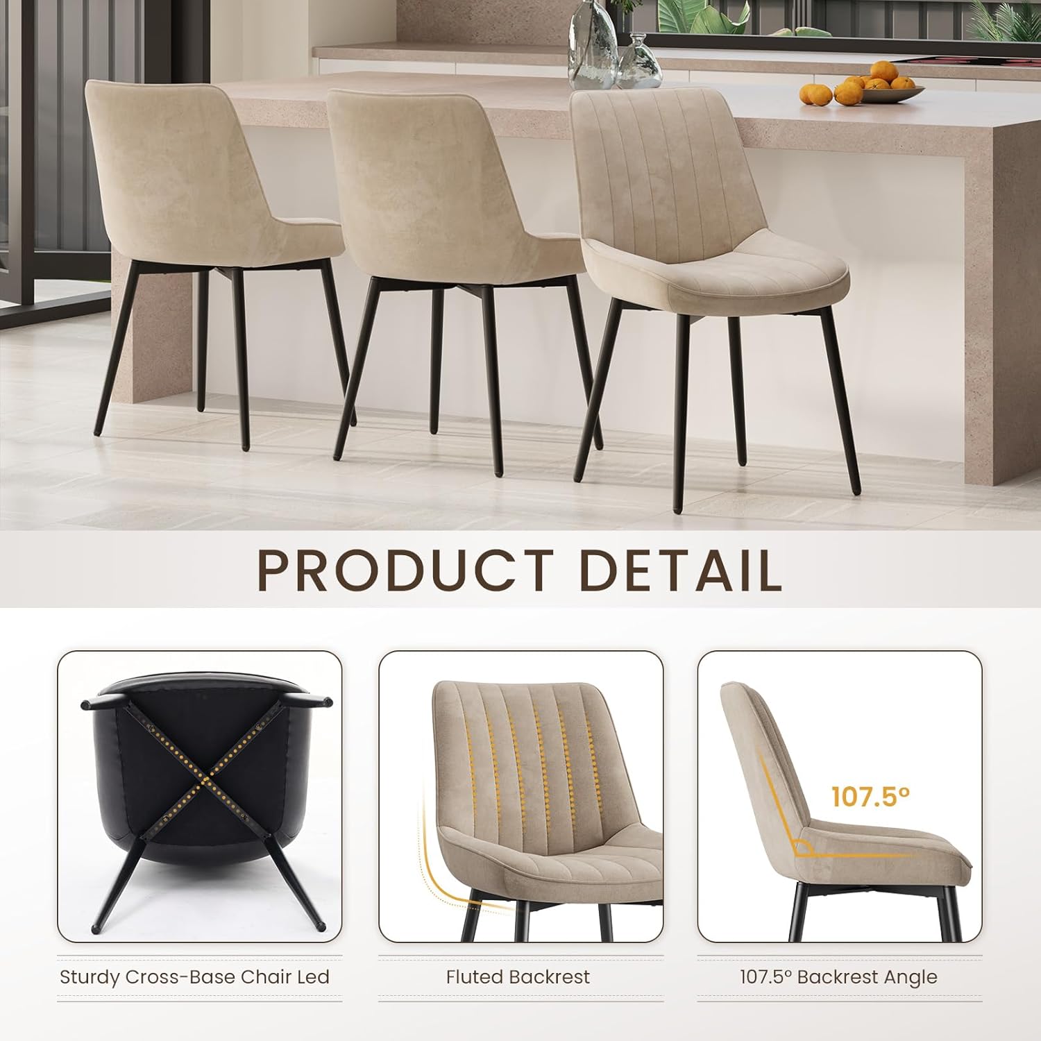 Thumbnail 6 de COLAMY Velvet Dining Chairs Set of 6: Khaki Upholstered Dining Chairs with Velvet Fabric and Metal Leg Frames