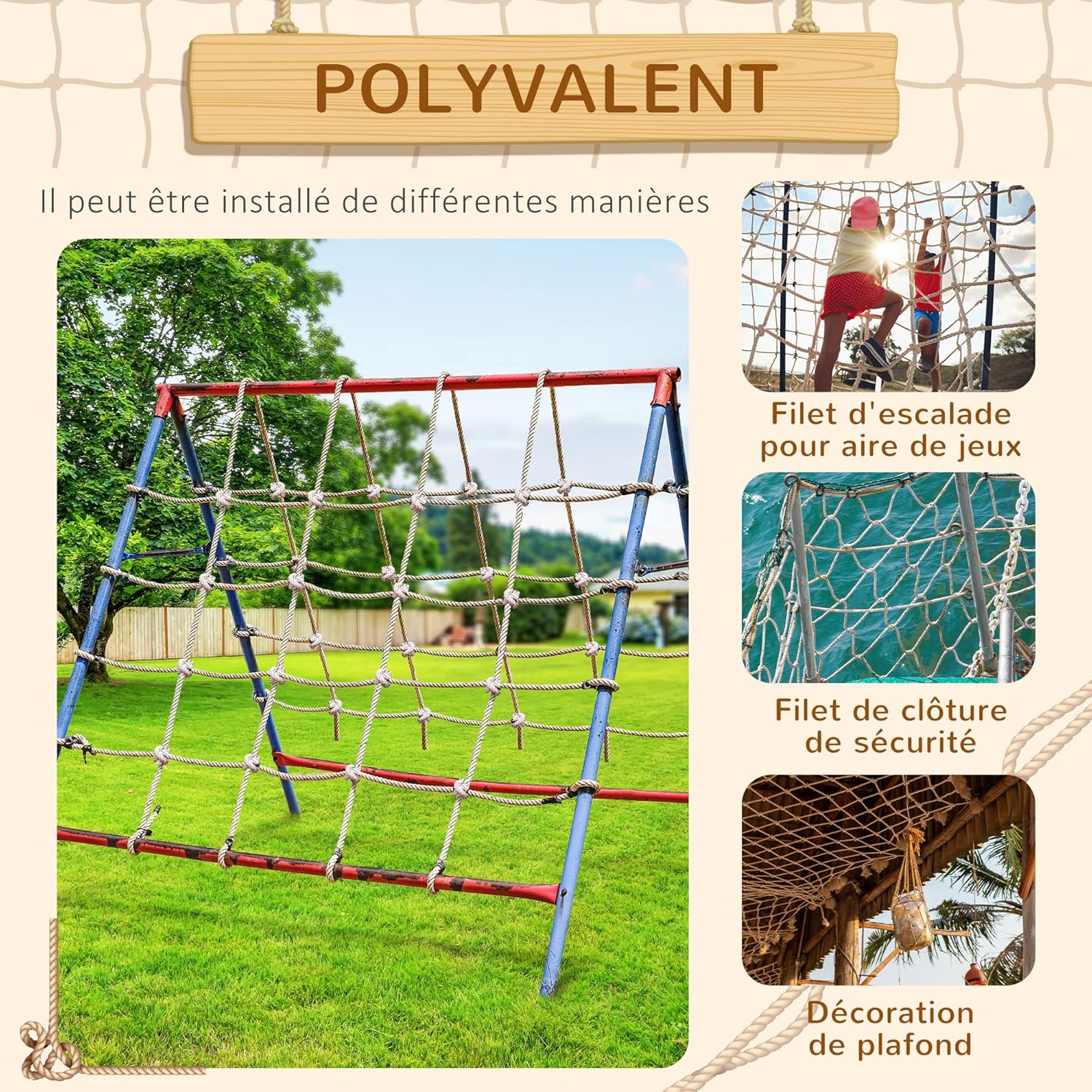 Detalle de Outsunny filet d’escalade pour enfants 3-6 ans, filet décoratif en corde PE (1,5 x 2 m) – marron