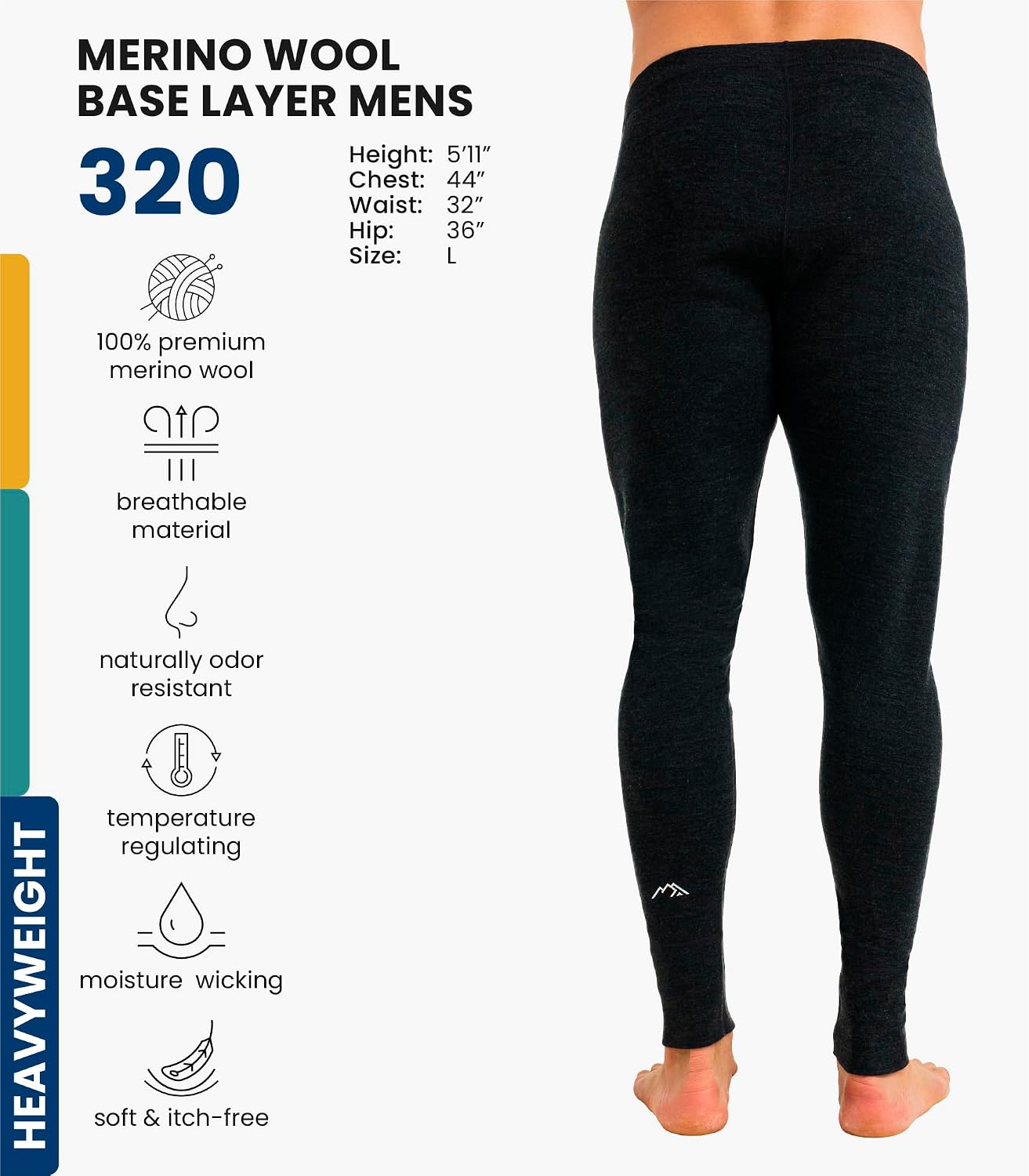 Detalle 2 de Merino.tech Men's 100% Merino Wool Base Layer Pants, 17.5 Micron, 165–320 g/m²