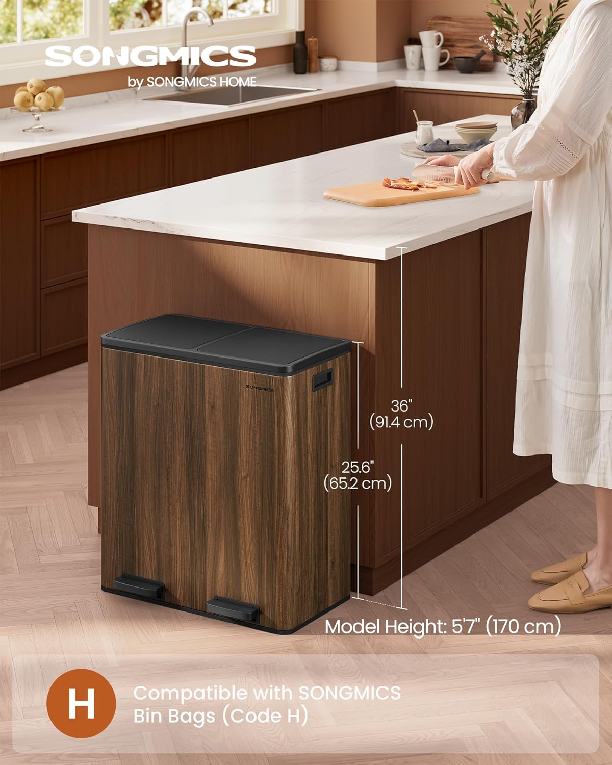 Thumbnail 1 de SONGMICS Dual Rubbish Bin (LTB060N02) – 2 x 8 Gallon metal recycling bin with pedals, lids & soft closure