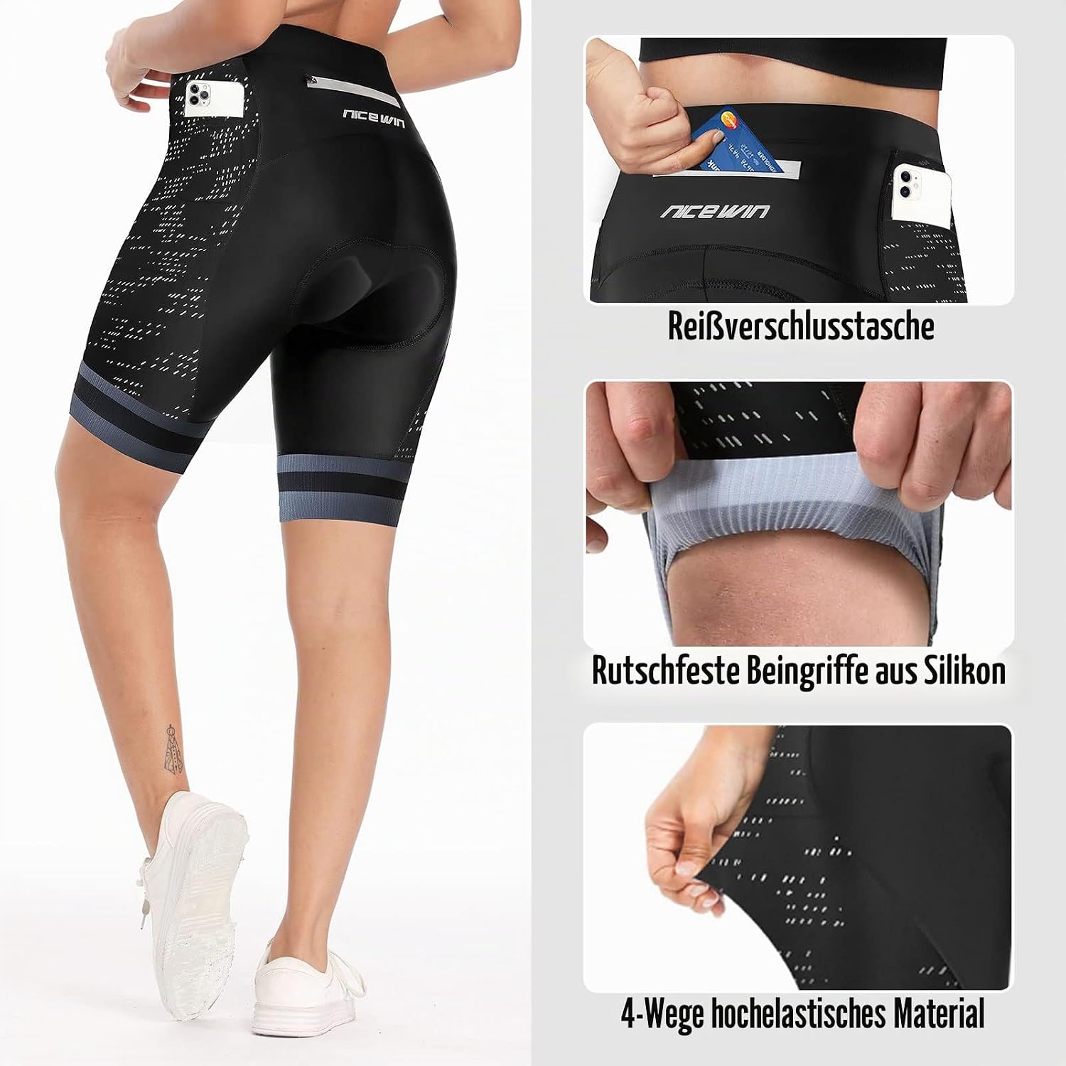 Detalle de NICEWIN Damen 3D-gepolsterte Fahrrad-Shorts mit hoher Taille – schnelltrocknend