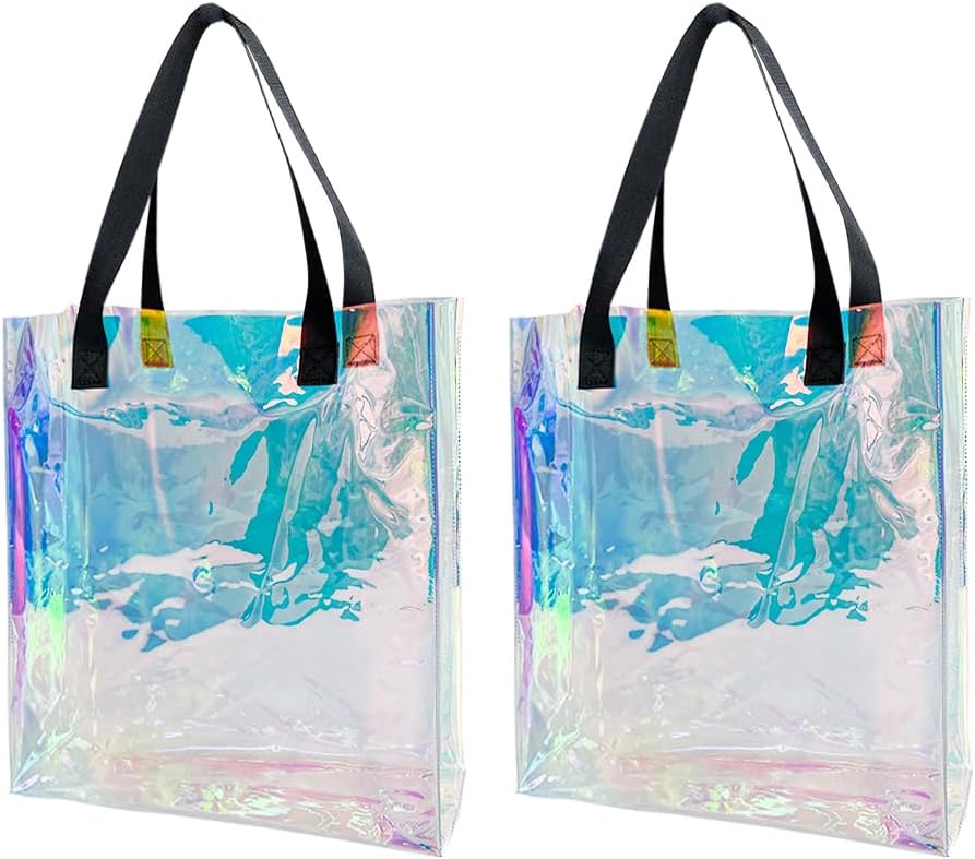 Detalle 2 de TotePrint Wasserdicht: Transparente holographische PVC-Tasche mit schwarzen Griffen – ideal für Strand, Einkauf und Alltag