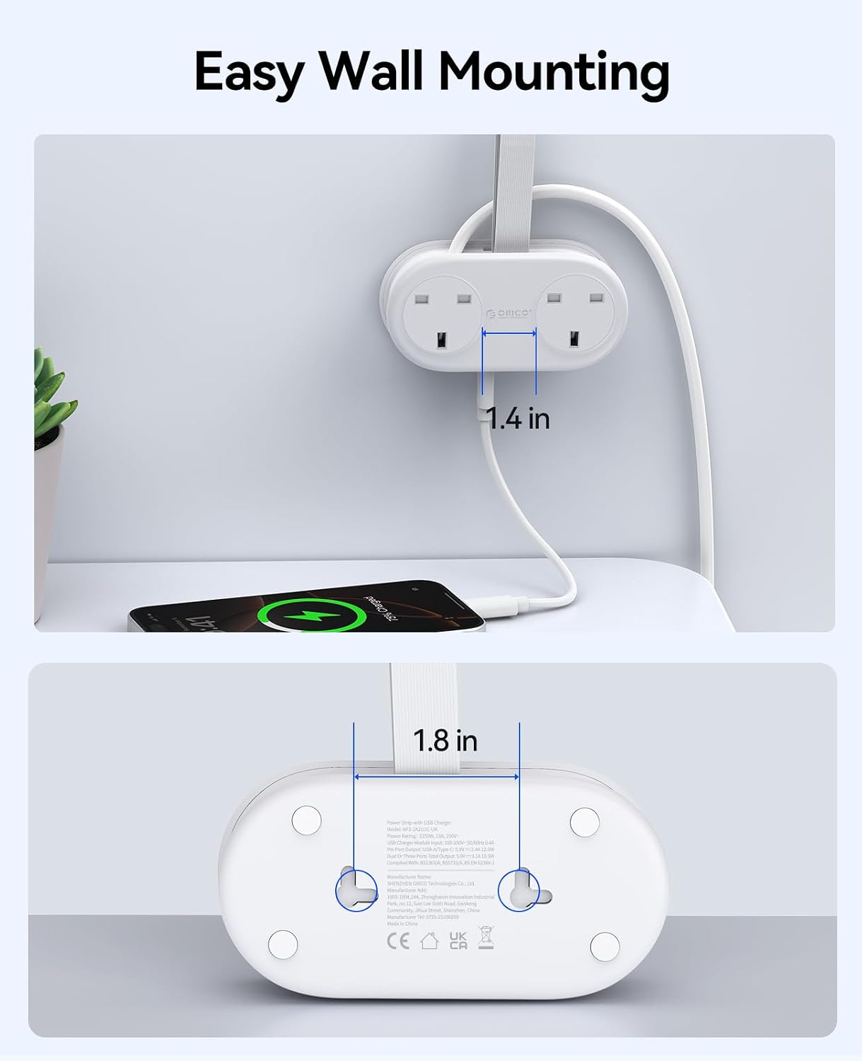 Thumbnail 6 de ORICO Travel Extension Lead with USB Slots, 2 AC outlets & 3 USB ports (1 USB-C) – 13A 3250W, rollable power strip