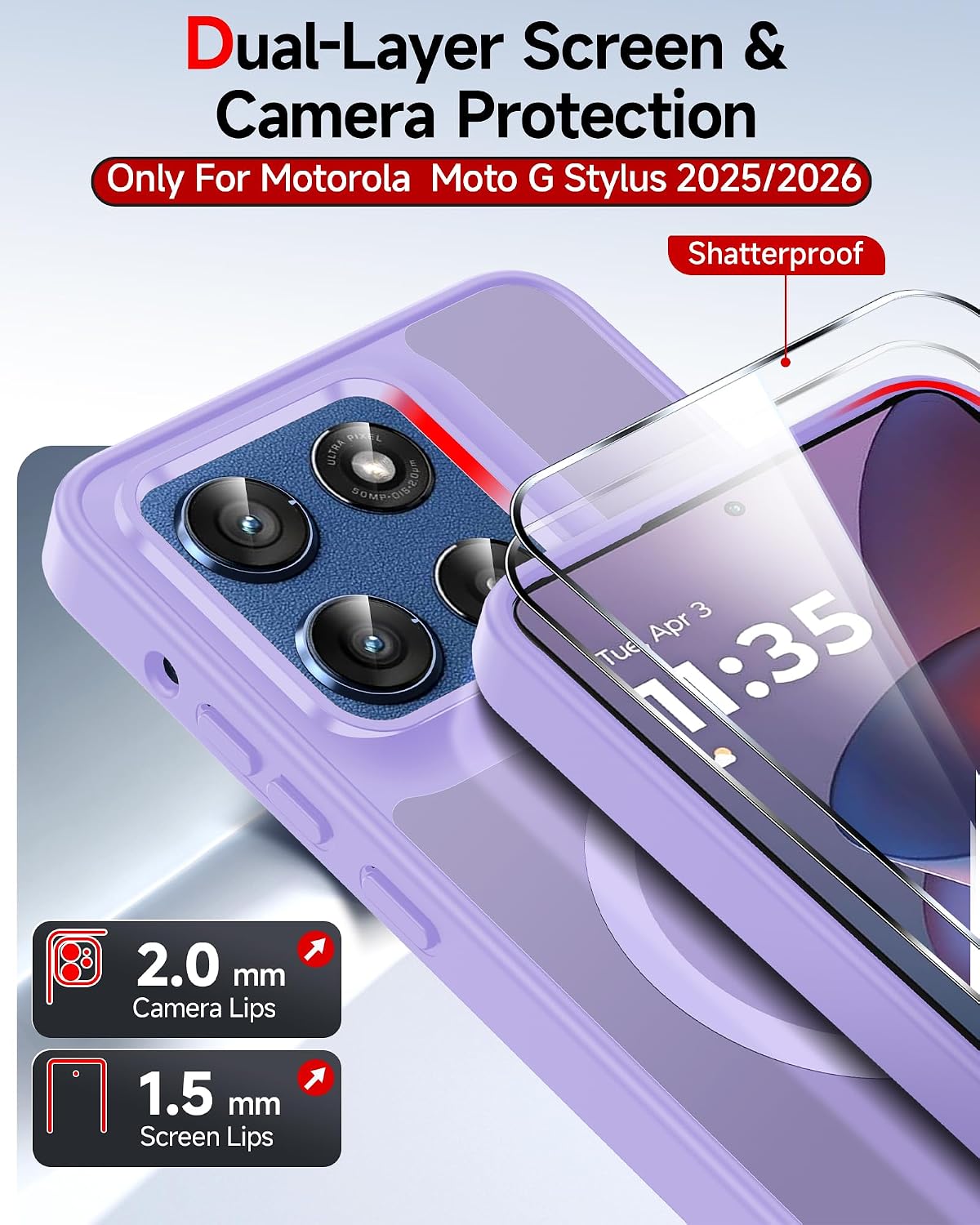 Detalle de LeYi Moto G Stylus 5G 2025 Case, Lavender, Magnetic Fit & 2 Screen Protectors