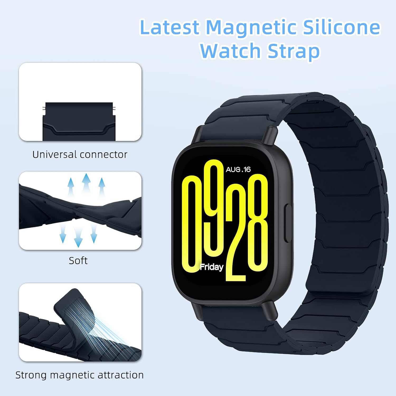 Detalle de Hinnwer 22mm Magnetic Strap for Xiaomi Watch Series (S5, S4, Redmi Watch 5, S3 and more) – Strong Silicone Dual Magnetic Bands in Midnight Blue