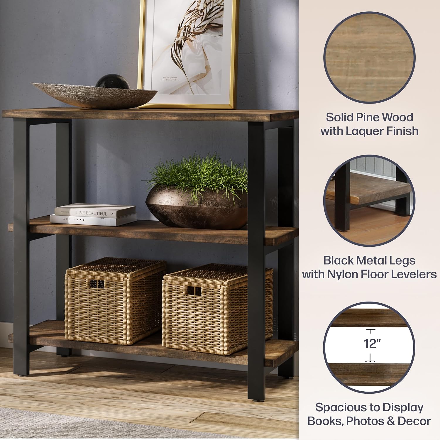 Detalle de Alaterre Furniture Under-Window Bookshelf, Solid Pine Wood