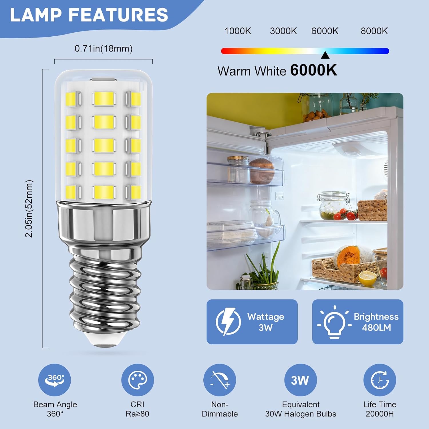 Detalle 2 de A.bigwhale E14 LED Lampe Kühlschranklampe 2er Pack – 3W, 480 lm, 6000K, 360° Abstrahlung