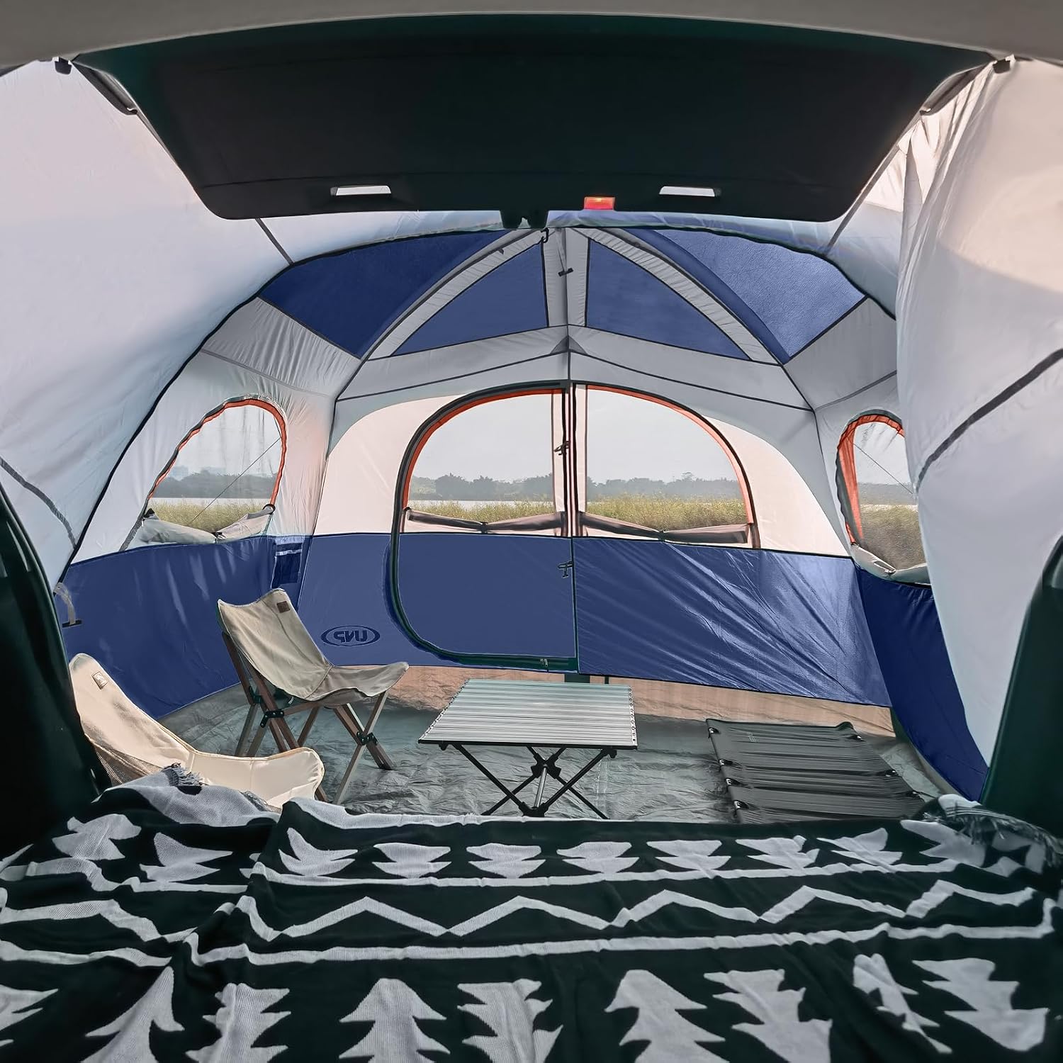 Detalle de UNP SUV Tent for Camping — 6-Person Car Camping Tent with Vehicle Sleeving, 300×270×180cm (H) Dark Blue