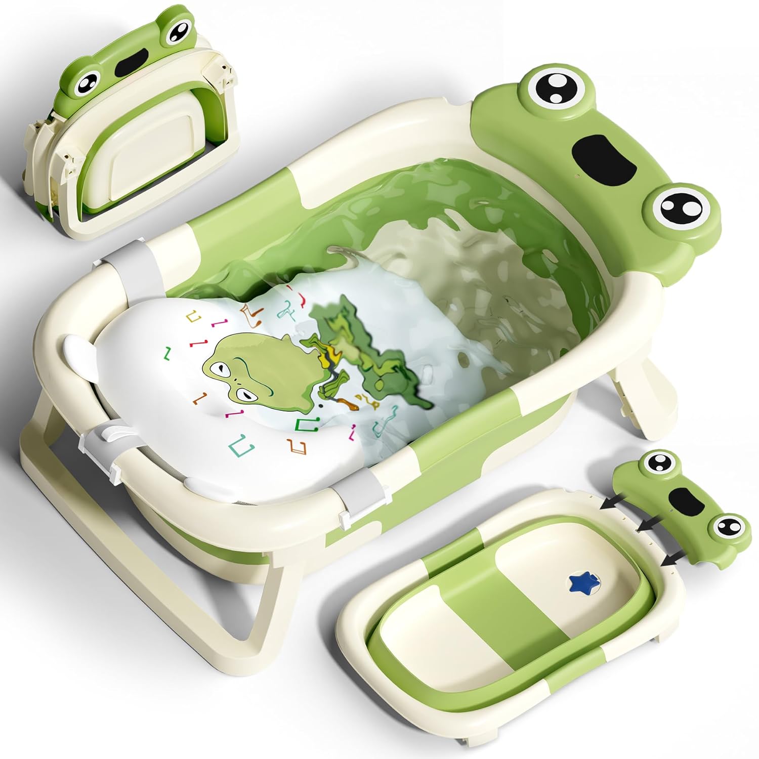 Detalle de COOSEYA Faltbare Babybadewanne Grün (Frösch-Design) – für 0–18 Monate, inkl. Stützkissen und Temperaturansage