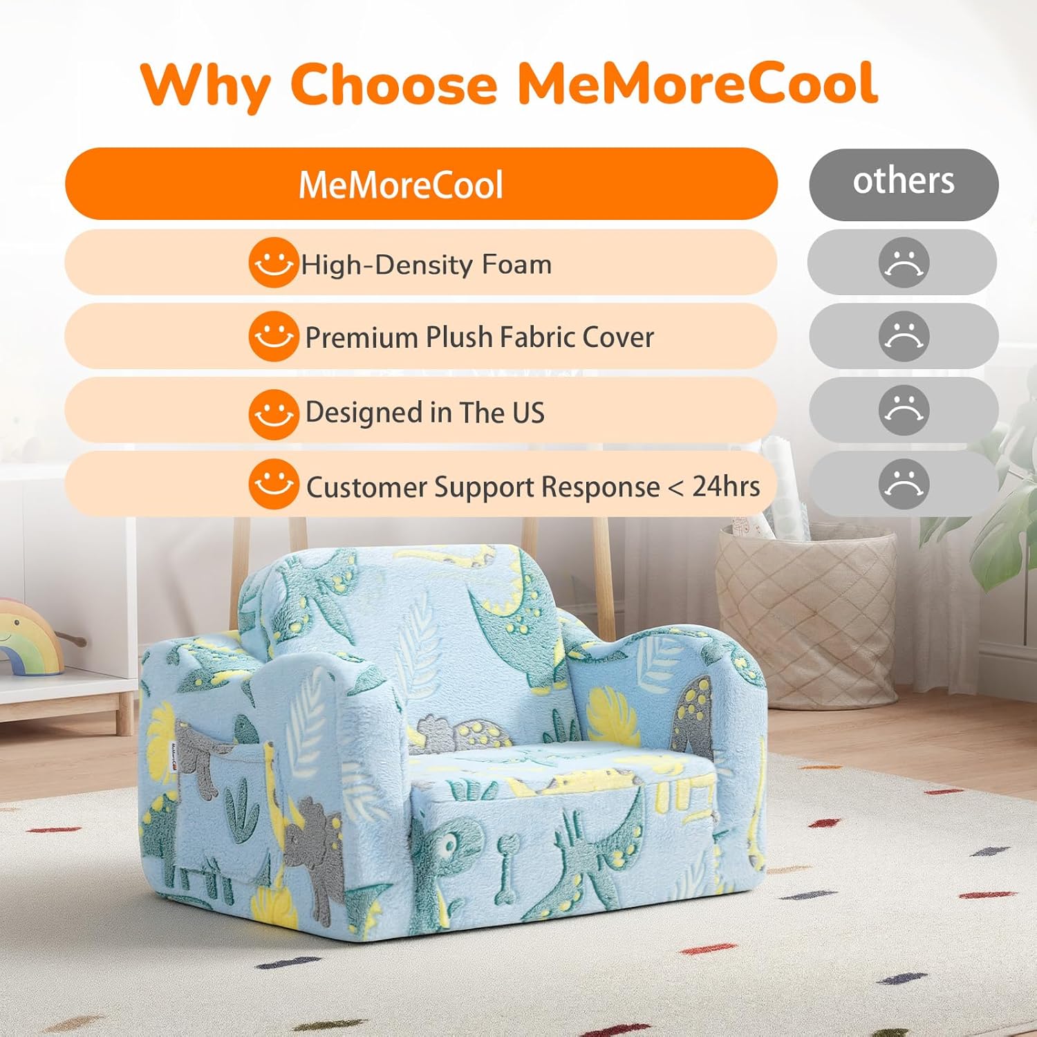 Detalle 2 de MeMoreCool Glowing Dinosaur Kids Chair (2-in-1 Convertible) – Glow-in-the-Dark Dino Couch Lounger, Sky Blue