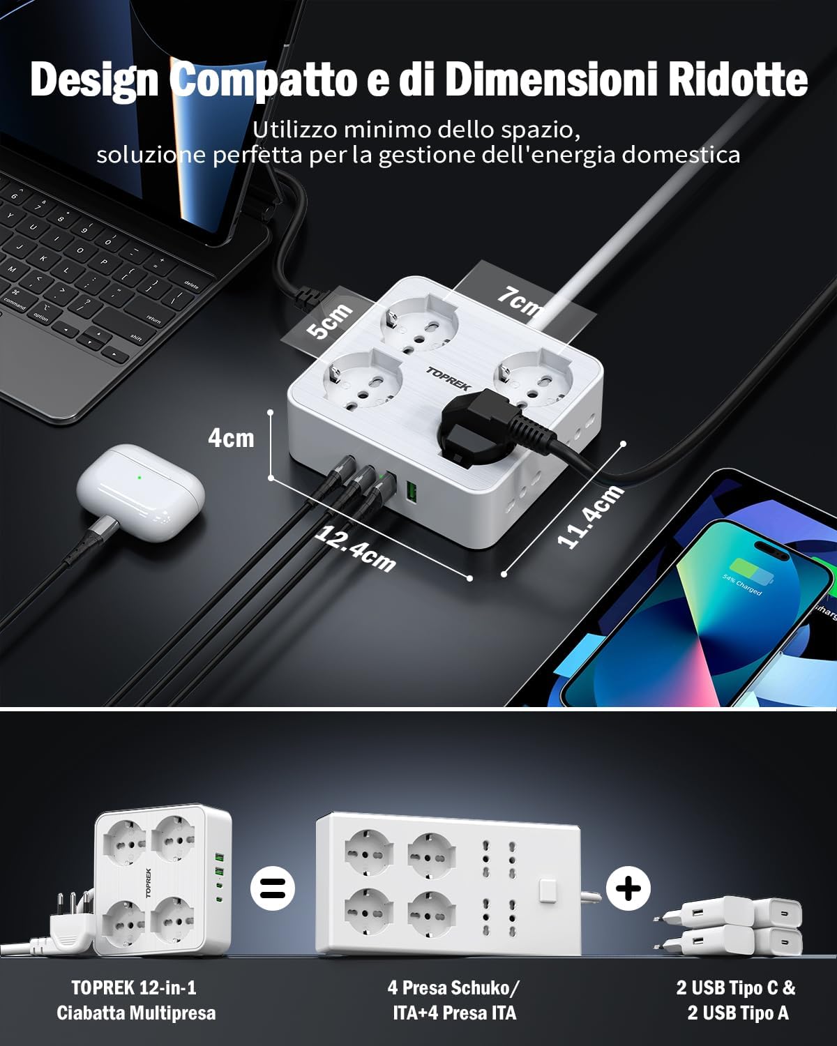 Thumbnail 4 de TOPREK Ciabatta Multipresa Elettrica 12-in-1: 8 prese universali con USB-C PD 20W, prolunga 2 m e design angolare