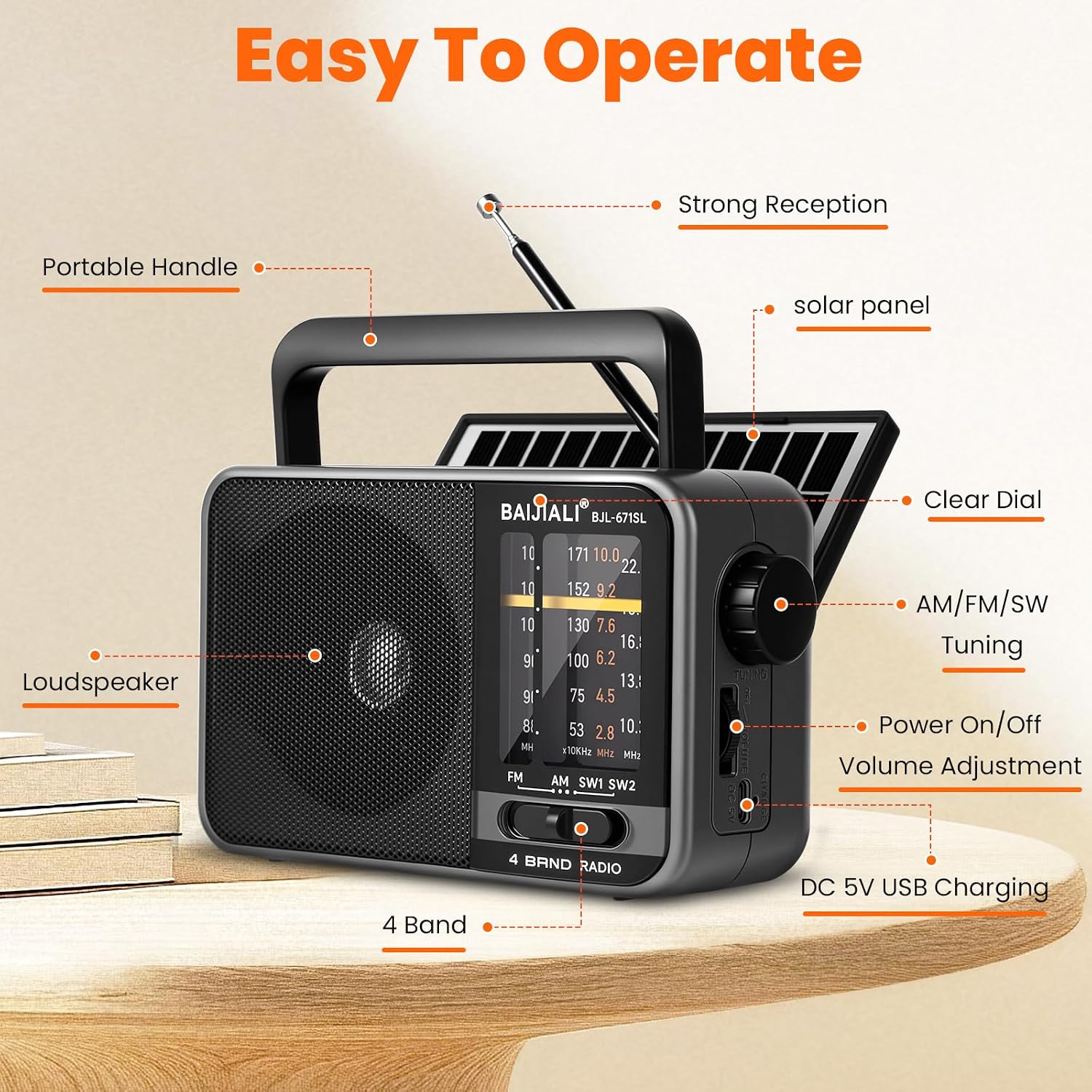 Detalle 2 de BAIJIALI BJL-671SL Portable Radio with AM/FM/SW, Solar Charging and USB-C