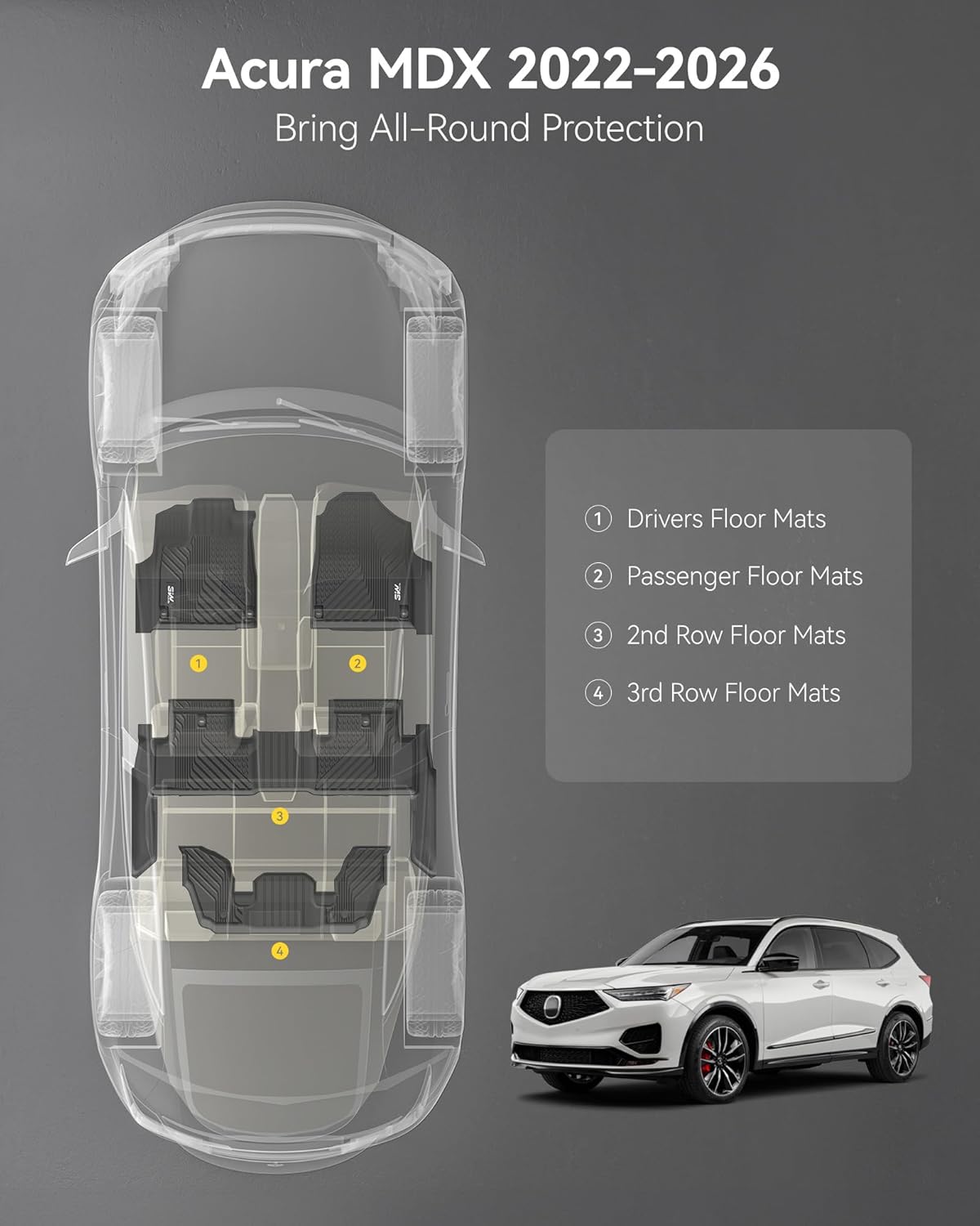 Thumbnail 1 de 3W TPE All-Weather Floor Mats for Acura MDX (2022–2024, 2025–2026) — 1st, 2nd & 3rd Row, Black