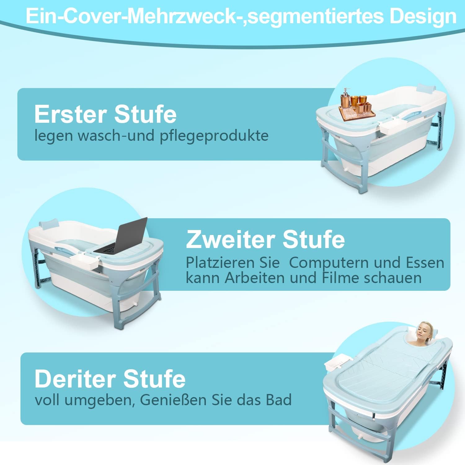 Detalle de Cecaylie Vasca da bagno portatile pieghevole per adulti con coperchio e cestino – 118 x 60 x 50 cm, blu