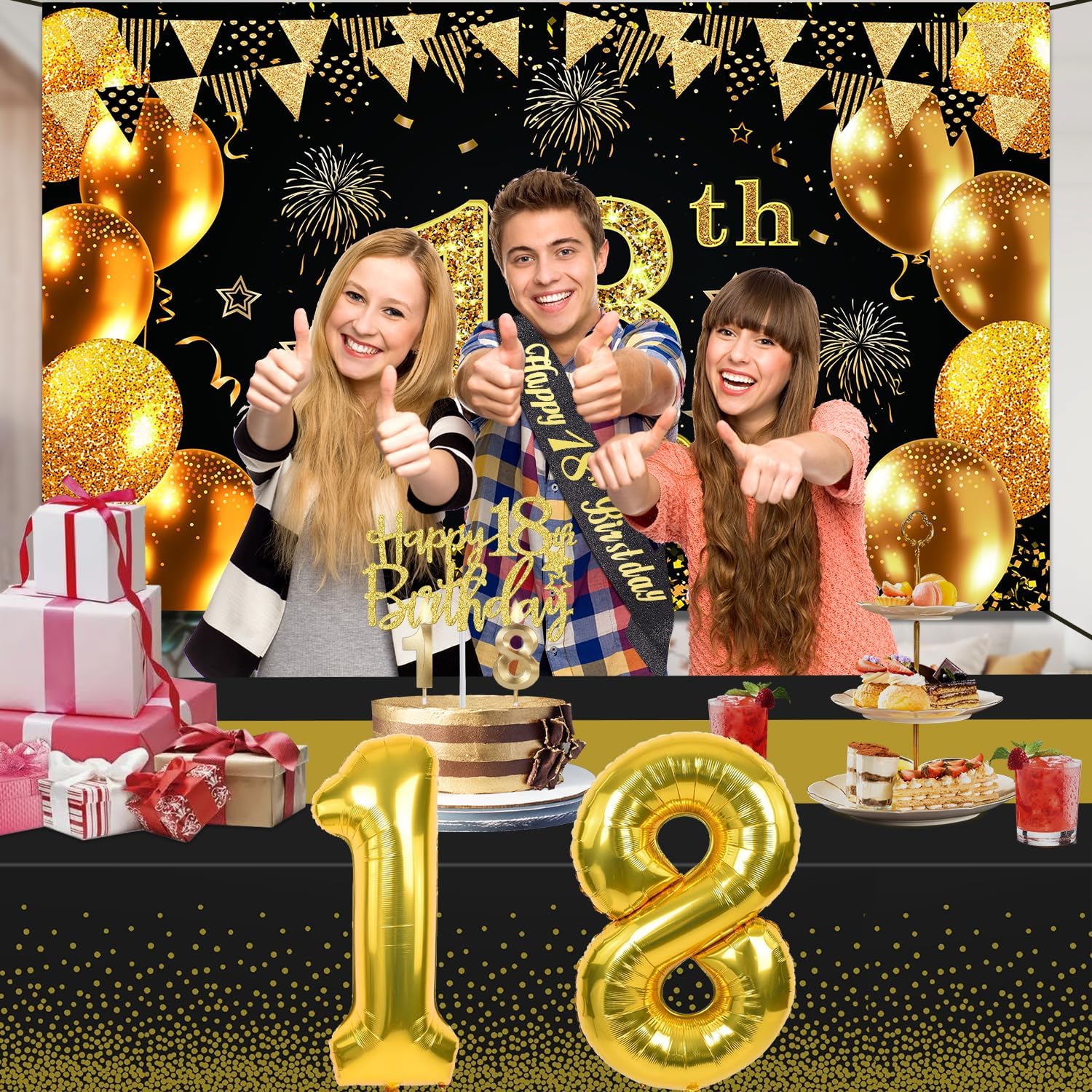 Detalle de 18th Birthday Decorations Set in Black and Gold: Banner, Table Cloth, Balloons, Sash, Cake Topper and Candles