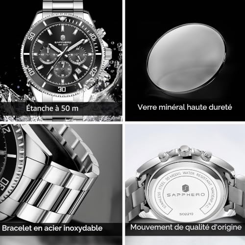 Thumbnail 3 de SAPPHERO Montre Homme Chronographe 42 mm — acier inoxydable, étanche 50m, quartz