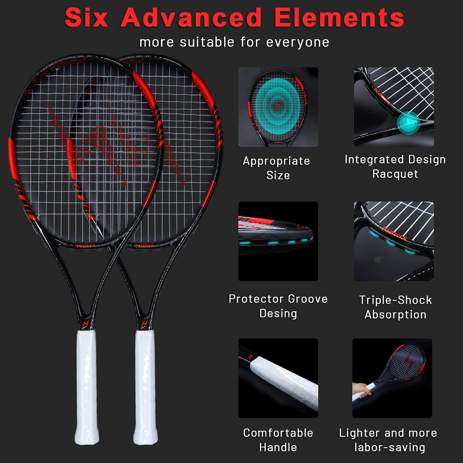 Detalle 2 de Nalax Tennis Racket (Carbon Fibre, 300g) with Carry Bag & Grip Tape