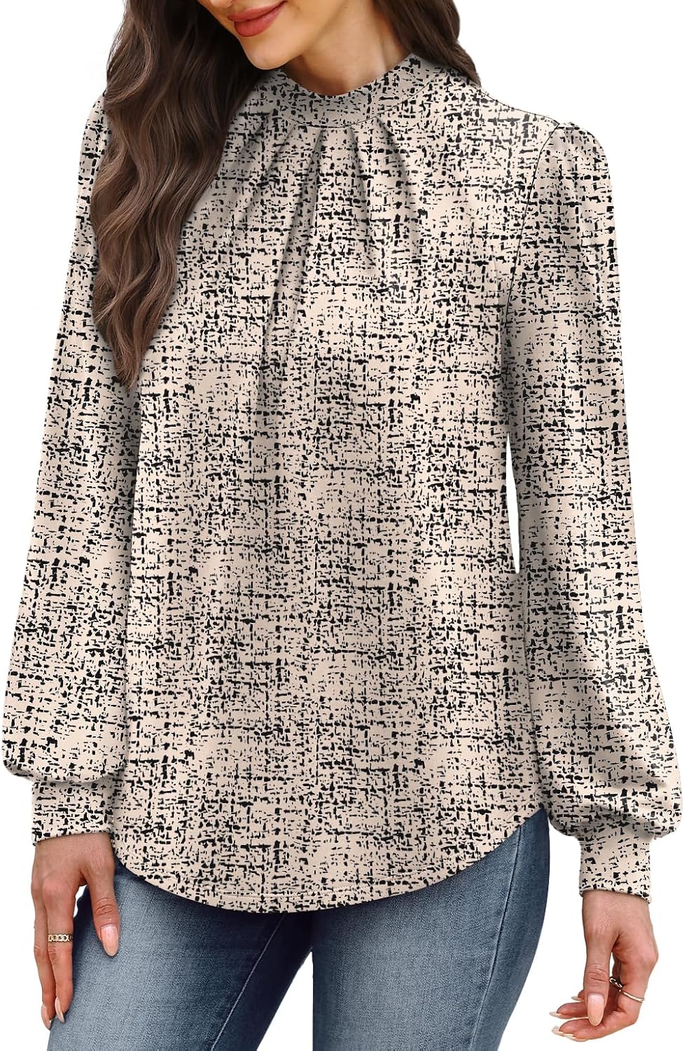 Detalle de WIHOLL Women's Mock Neck Pleated Long-Sleeve Tunic Blouse