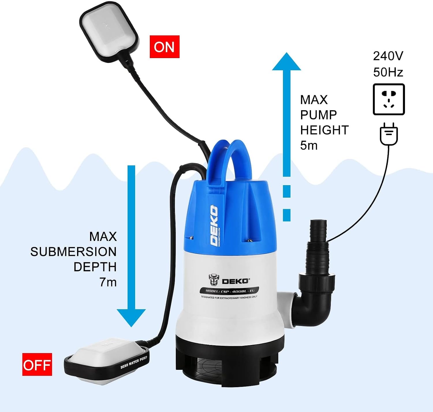 Thumbnail 2 de DEKO Pompa sommergibile portatile 400W 8000 L/h con galleggiante—scarico per vasca, piscina e laghetto