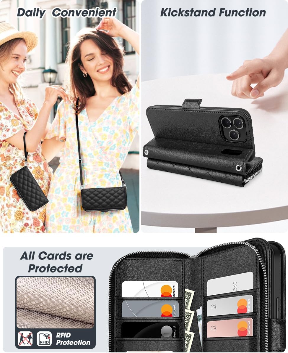Thumbnail 4 de Ocase custodia portafoglio per iPhone 17 Pro 6,3" (2025) con laccetto, anti-RFID e supporto integrato, pelle PU litchi nero