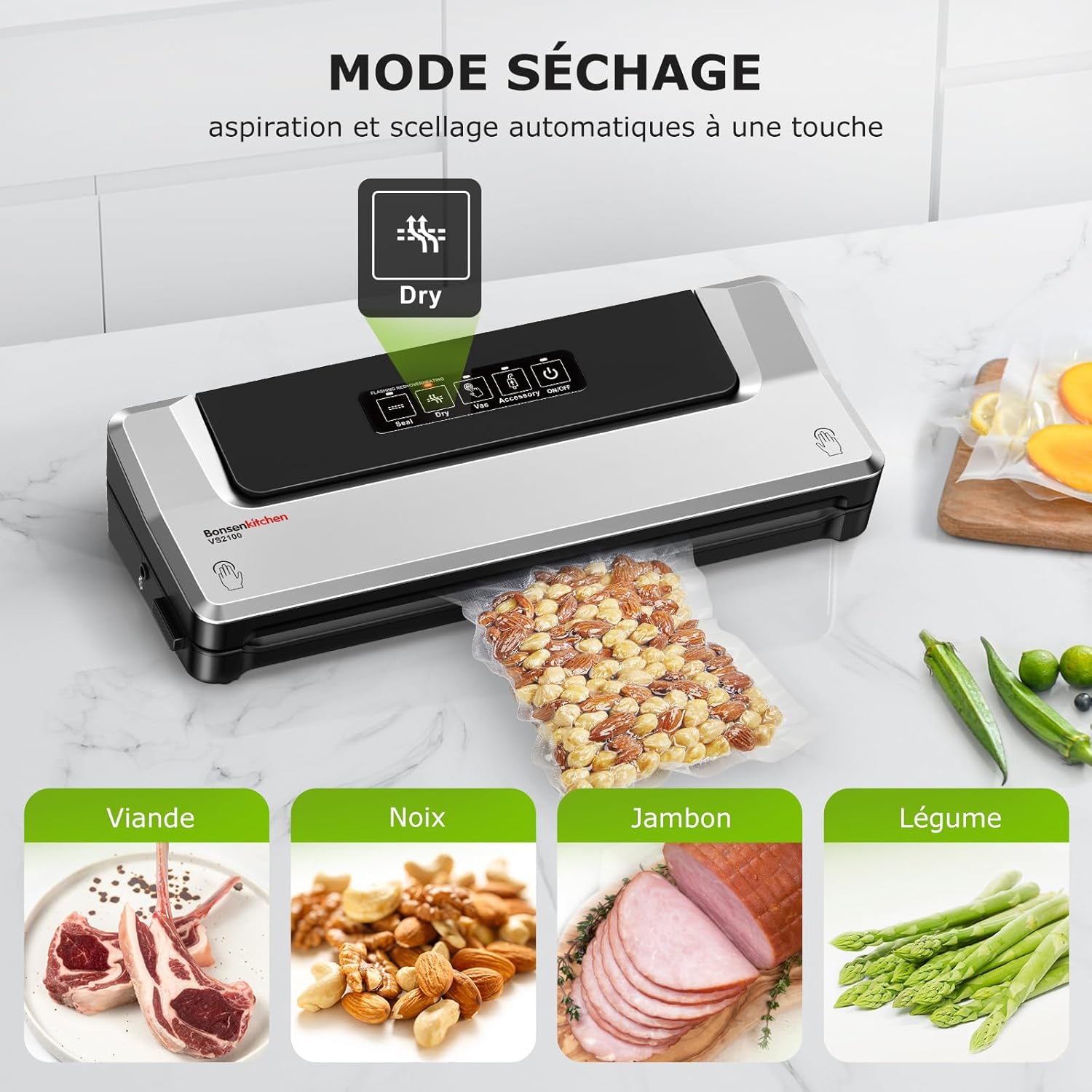 Thumbnail 2 de Bonsenkitchen Machine sous vide alimentaire avec double soudure et 5 sacs (20×30 cm)