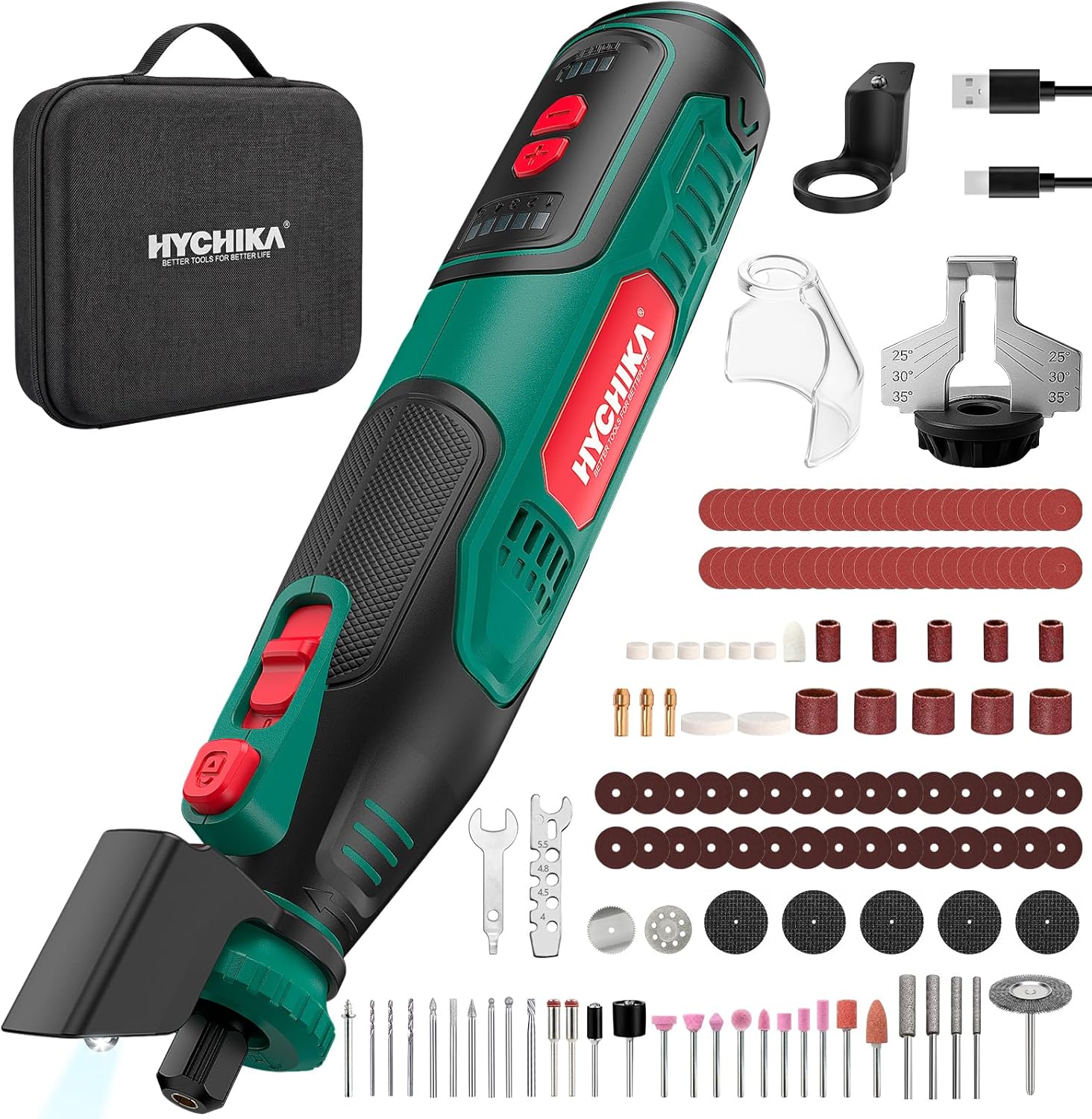 Detalle de HYCHIKA herramienta rotativa 8V con 145 accesorios