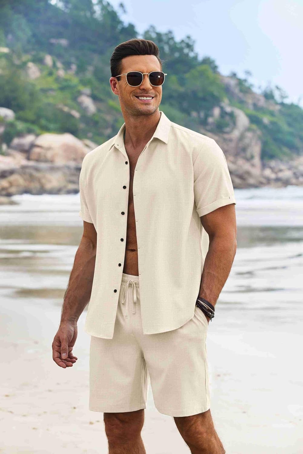 Thumbnail 3 de COOFANDY Men's 2-Piece Summer Set with Linen-Texture Shirt and Drawstring Shorts