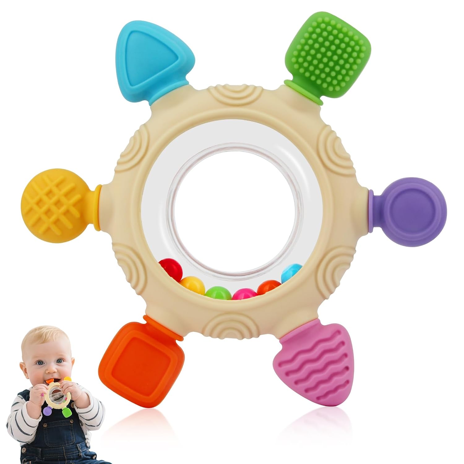 Detalle de VTECHOLOGY Baby Teething Rings with Rattle, Textures and Bright Colors
