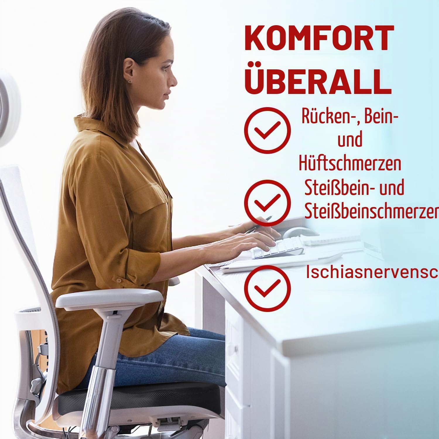 Detalle de Sitzkissen Orthopädisch – Memory Foam für langes Sitzen, Hämorrhoiden/Steißbein Entlastung, 46 x 34,8 x 6,9 cm