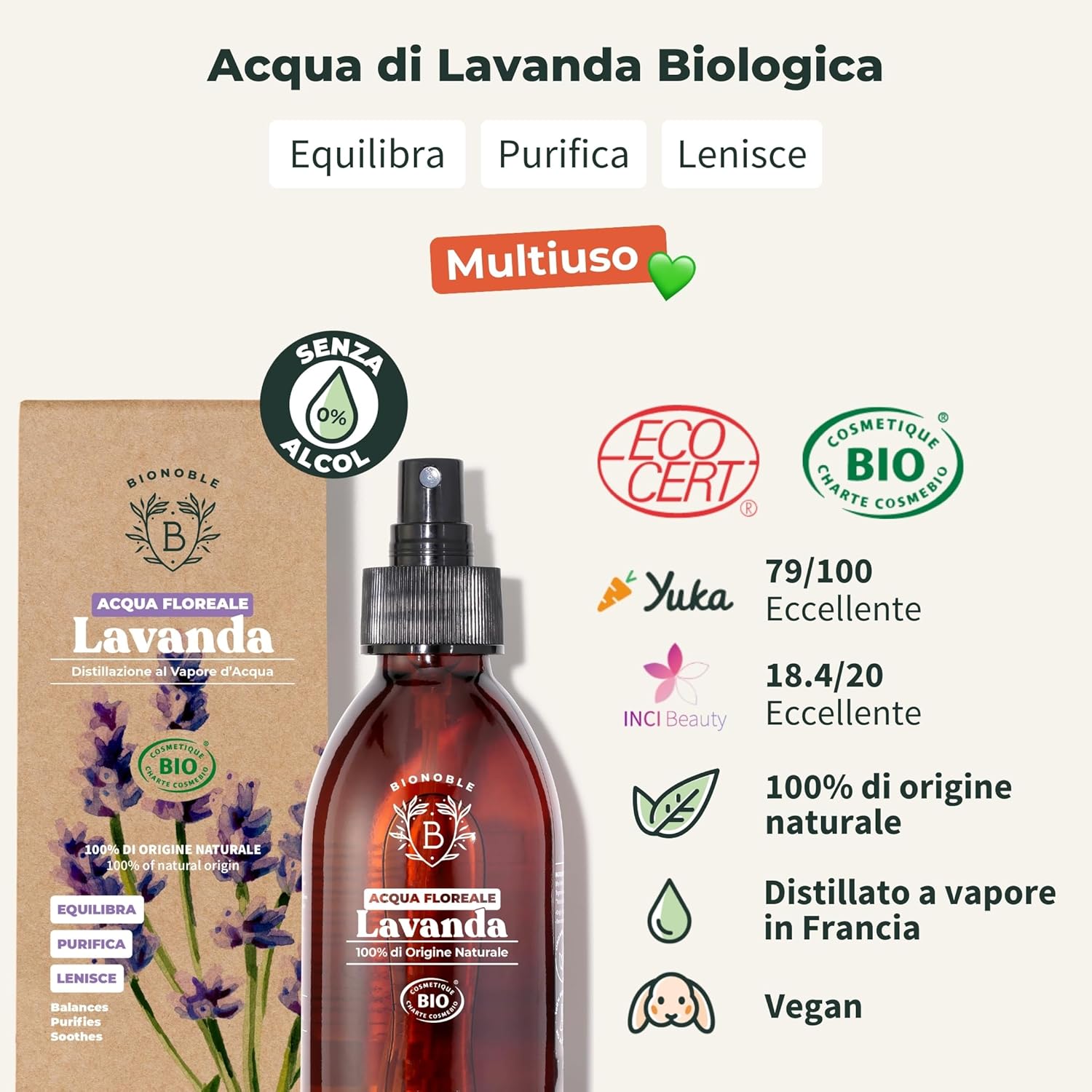 Detalle 2 de BIONOBLE Idrolato di Lavanda Bio: idrolato 100% naturale in sprays di vetro da 200 ml
