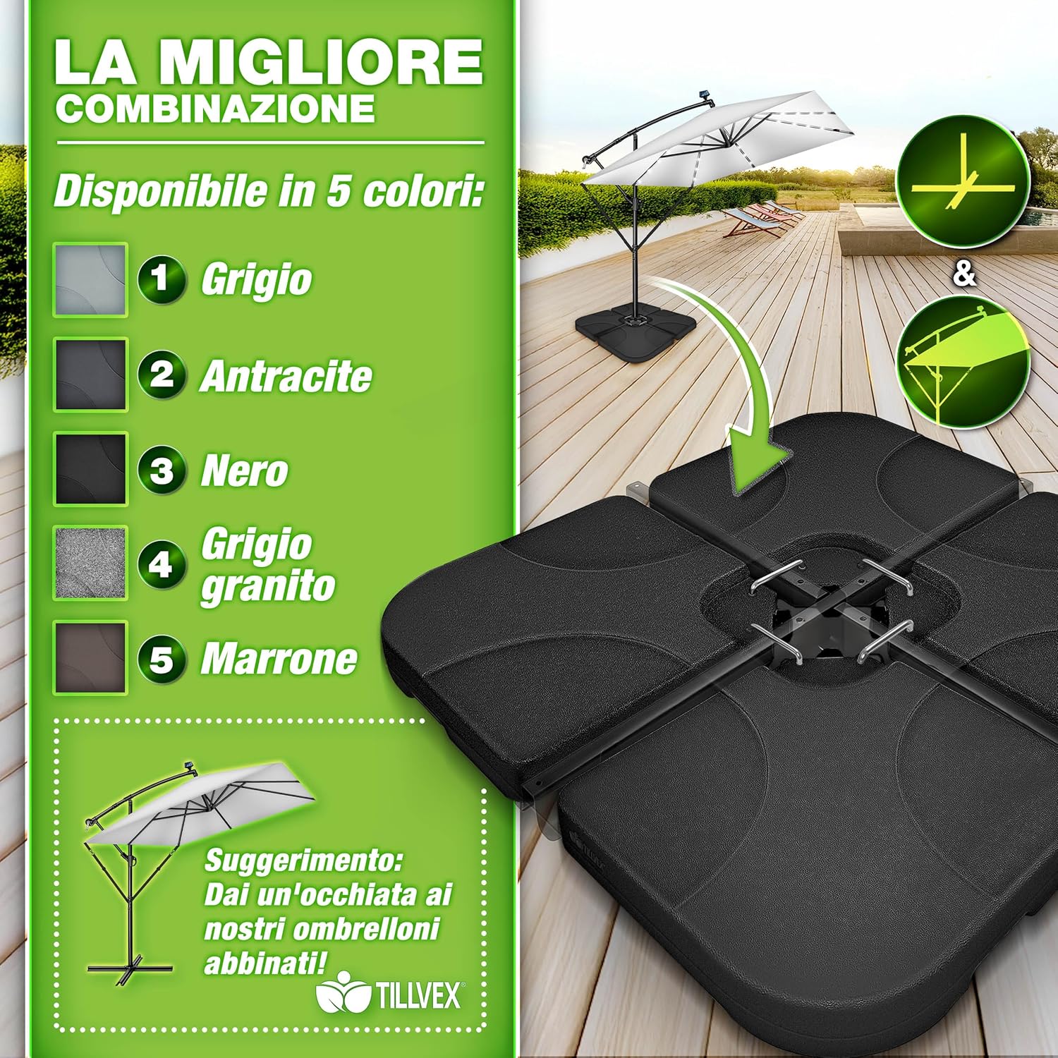 Thumbnail 5 de tillvex® Base per ombrellone 60 litri / 80 kg da 4 pezzi con connettore metallico (decetrata) per ombrellone decentrato