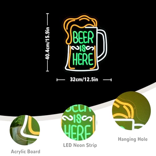 Detalle de LMSIGNLY Beer Is Here Neon Schild – LED-Neon Wanddekoration für Bar, Zuhause und Partys