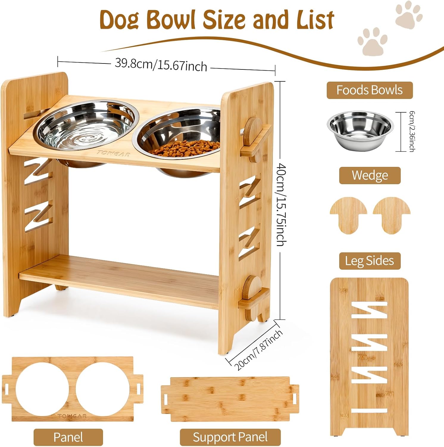 Detalle de Raised Dog Bowl: 6-Level Adjustable Bamboo Feeding Station with 2 Stainless Steel Bowls