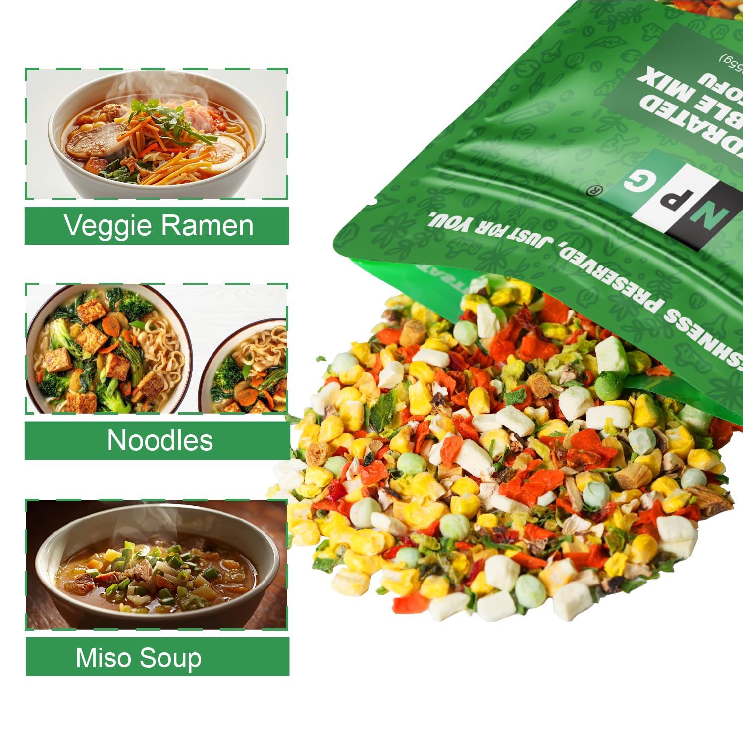 Detalle 1 de Natural Plus Green Dried Vegetable Mix, 9 Oz, Shiitake Mushroom & Tofu, No Added Salt