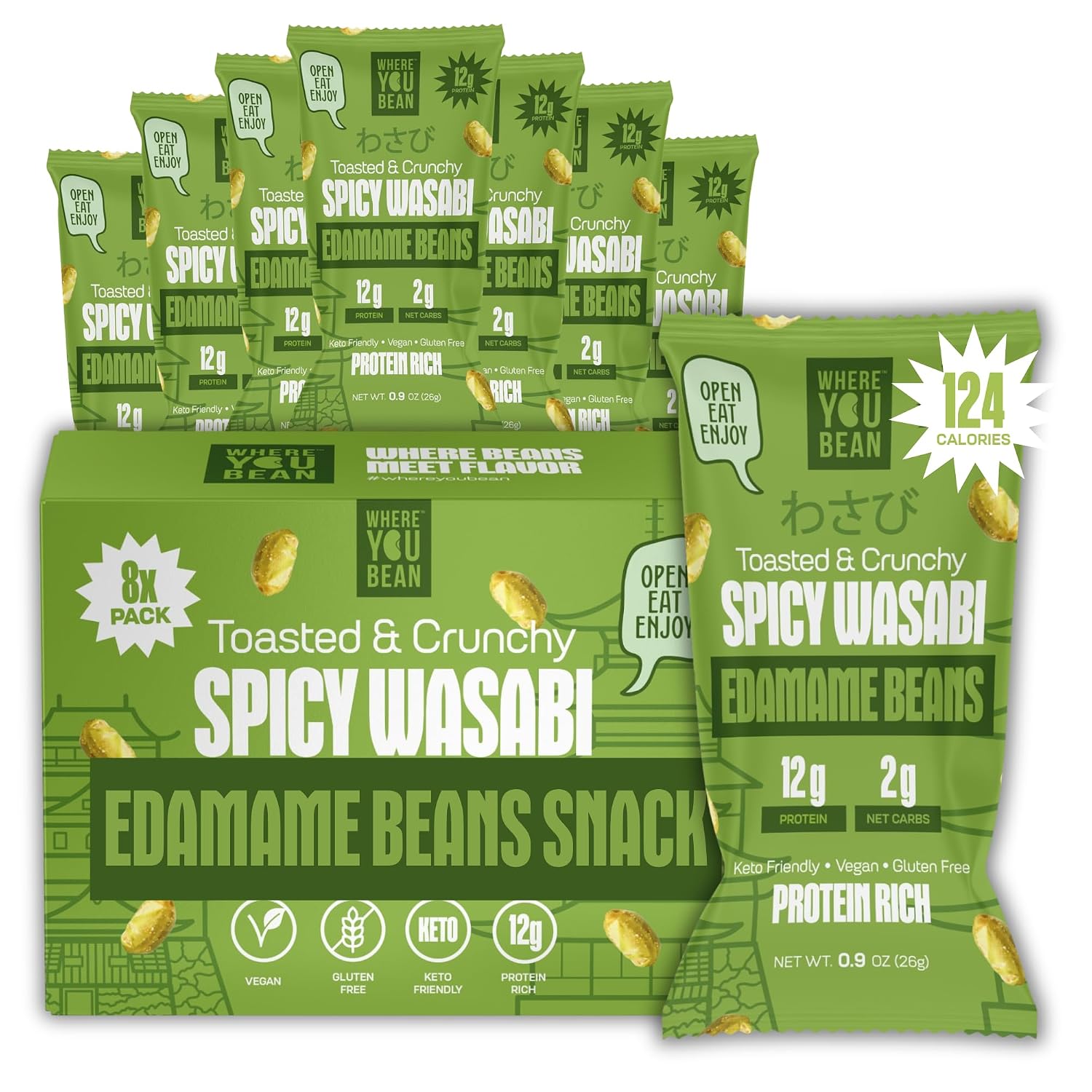 Detalle de Where You Bean Spicy Wasabi - 8 pack Dry Roasted Edamame Snack, 12g Protein