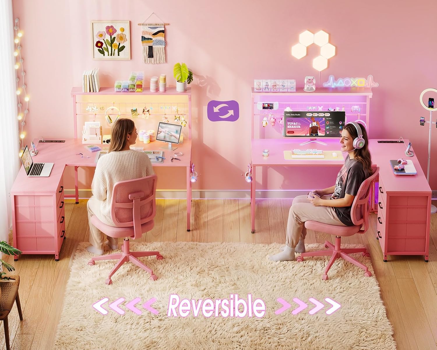 Detalle 1 de AODK 51-inch L-Shaped Gaming Desk with Reversible Hutch, 4 Drawers & LED Lights