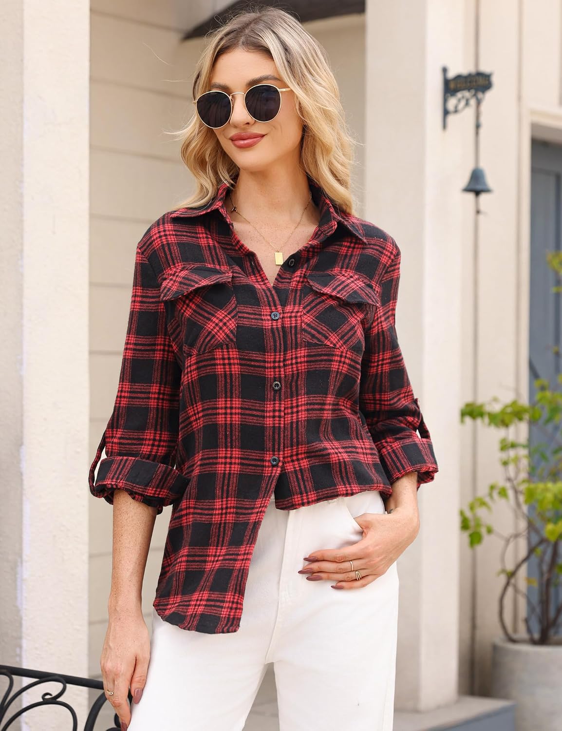 Thumbnail 2 de Irevial Blouses chic en coton à carreaux, boutonnée, manches longues