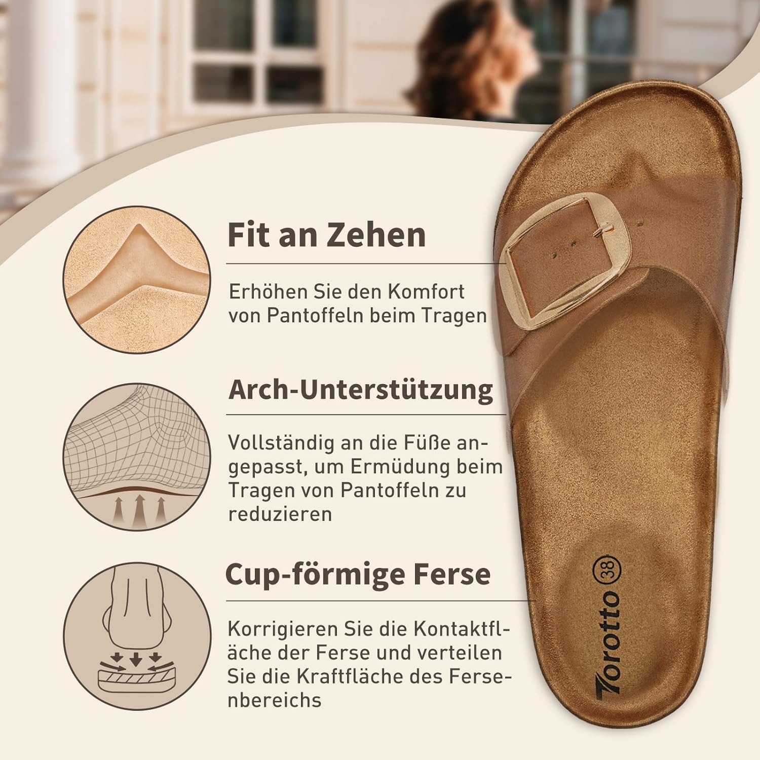 Thumbnail 4 de Torotto Pantoletten Damen Sandalen – bequeme Latschen/Hausschuhe mit verstellbarer Schnalle