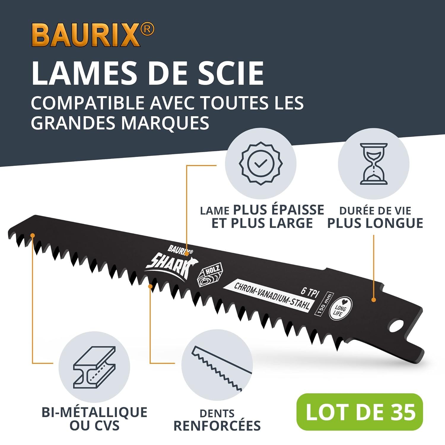Detalle 2 de BAURIX® Lames de Scie Sabre SHARK® – Ensemble 35 pièces pour coupe rapide et nette