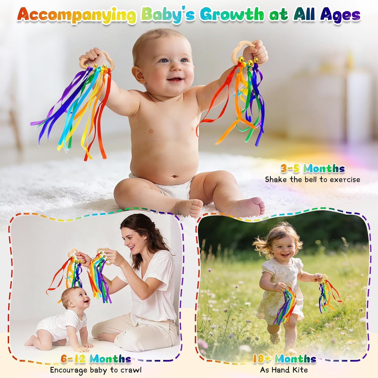 Detalle de Baby Wooden Sensory Rattle Toys Rainbow Ribbons Cloud Ring (2 pieces) with bells