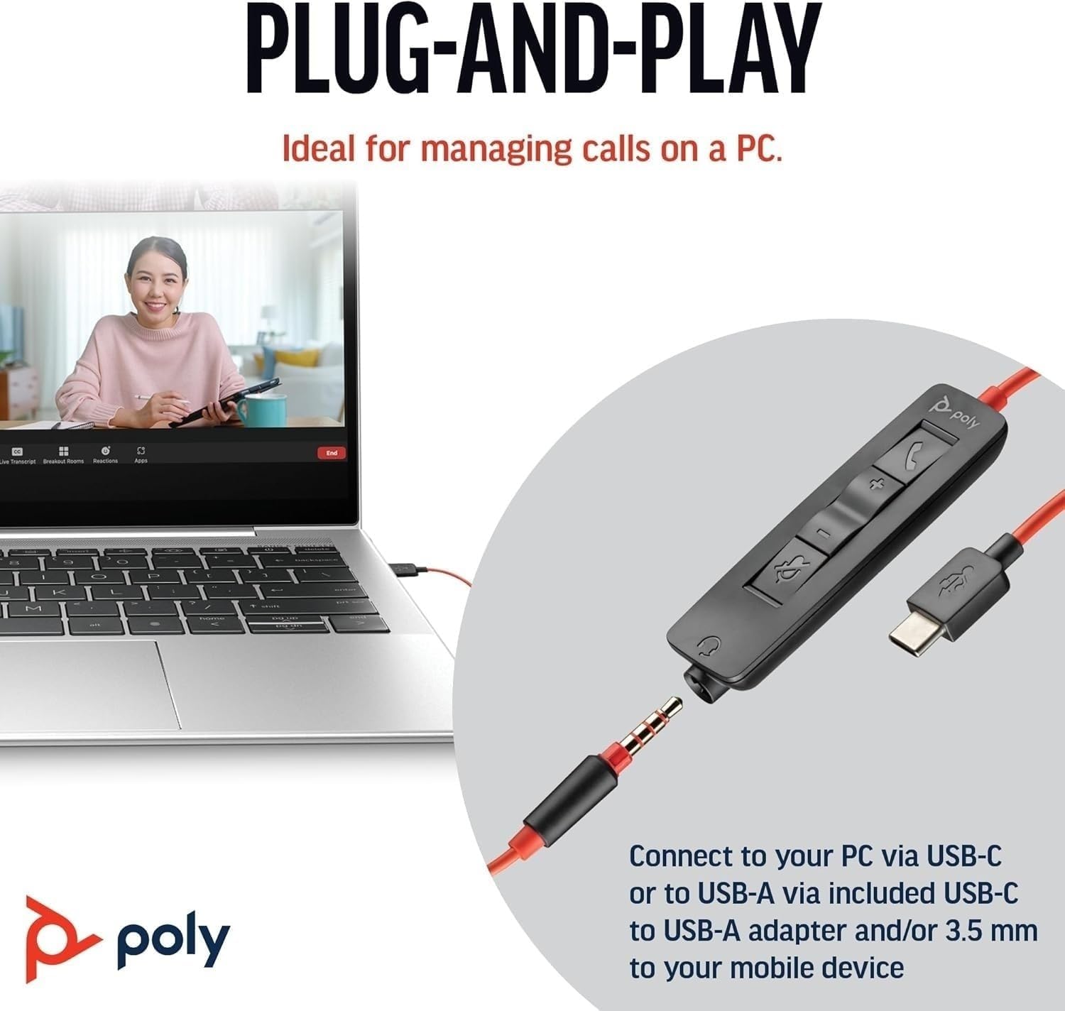 Thumbnail 1 de Schnurgebundenes Poly Blackwire 3320 Headset (Poly) – flexibler Mikrofonarm, Hi‑Fi‑Stereo, USB‑C/USB‑A & Teams/Zoom