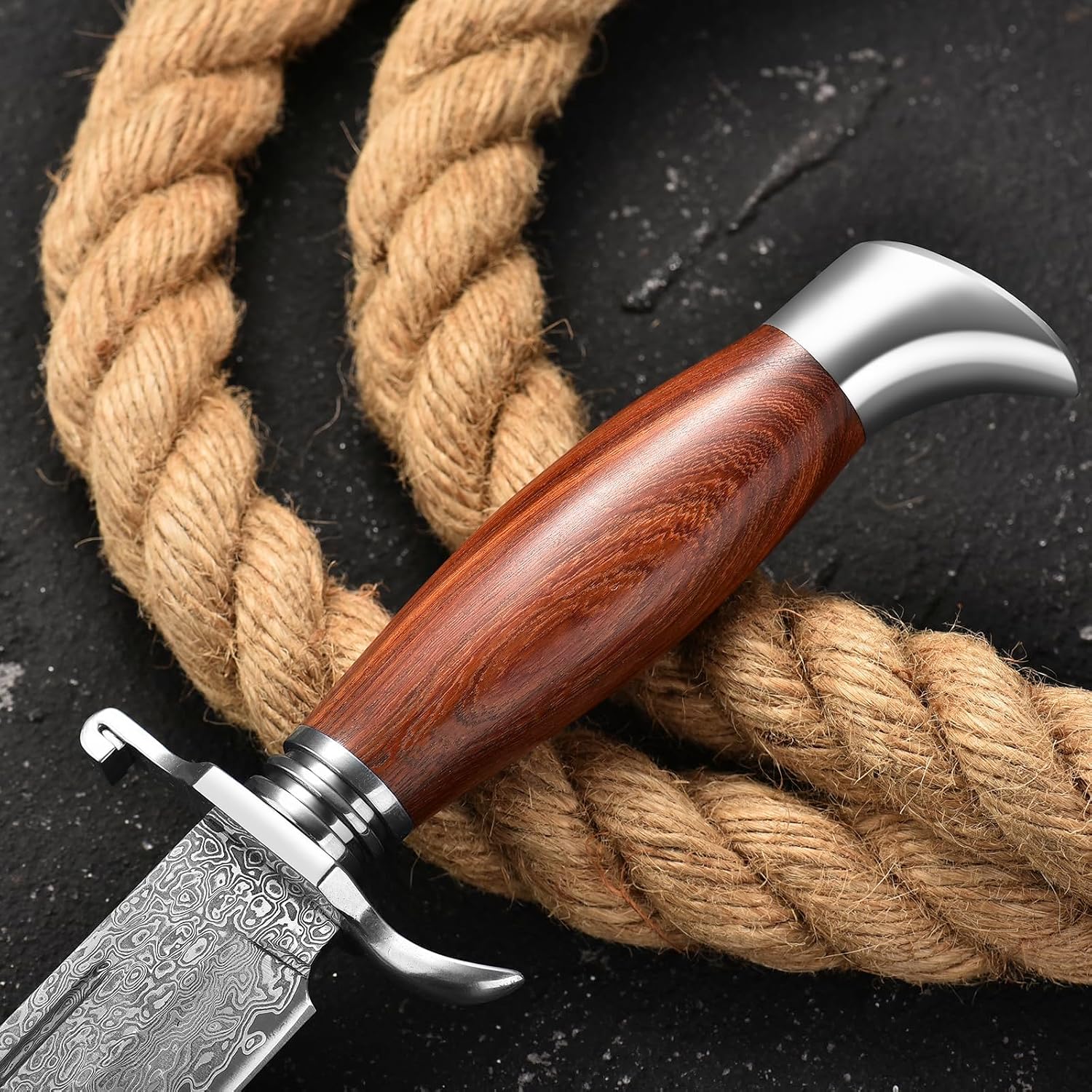 Detalle de DRACHENADER W-S-Damas Damascus Fixed-Blade Hunting Knife with Wood Handle