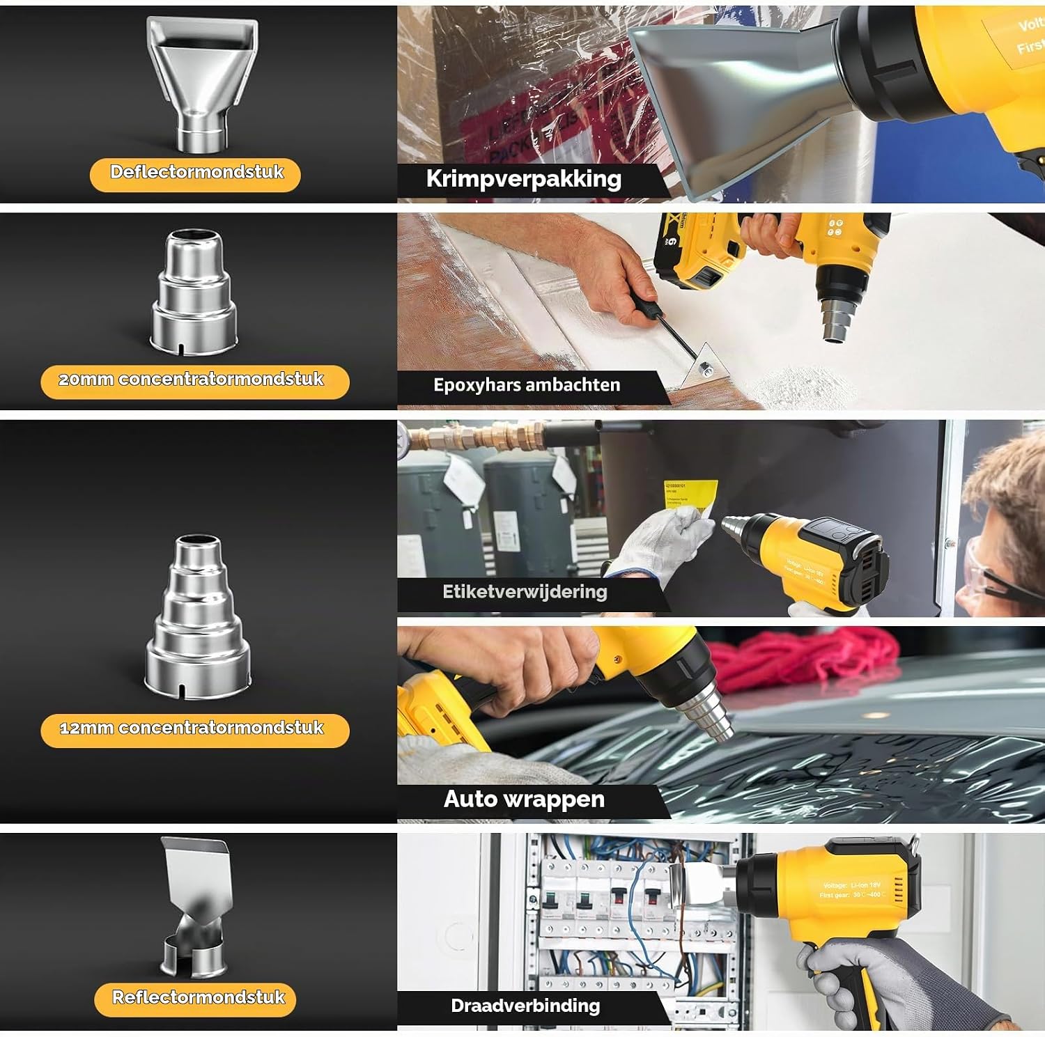 Thumbnail 2 de GGiking draadloos heteluchtpistool voor Dewalt-accu, met 4 mondstukken
