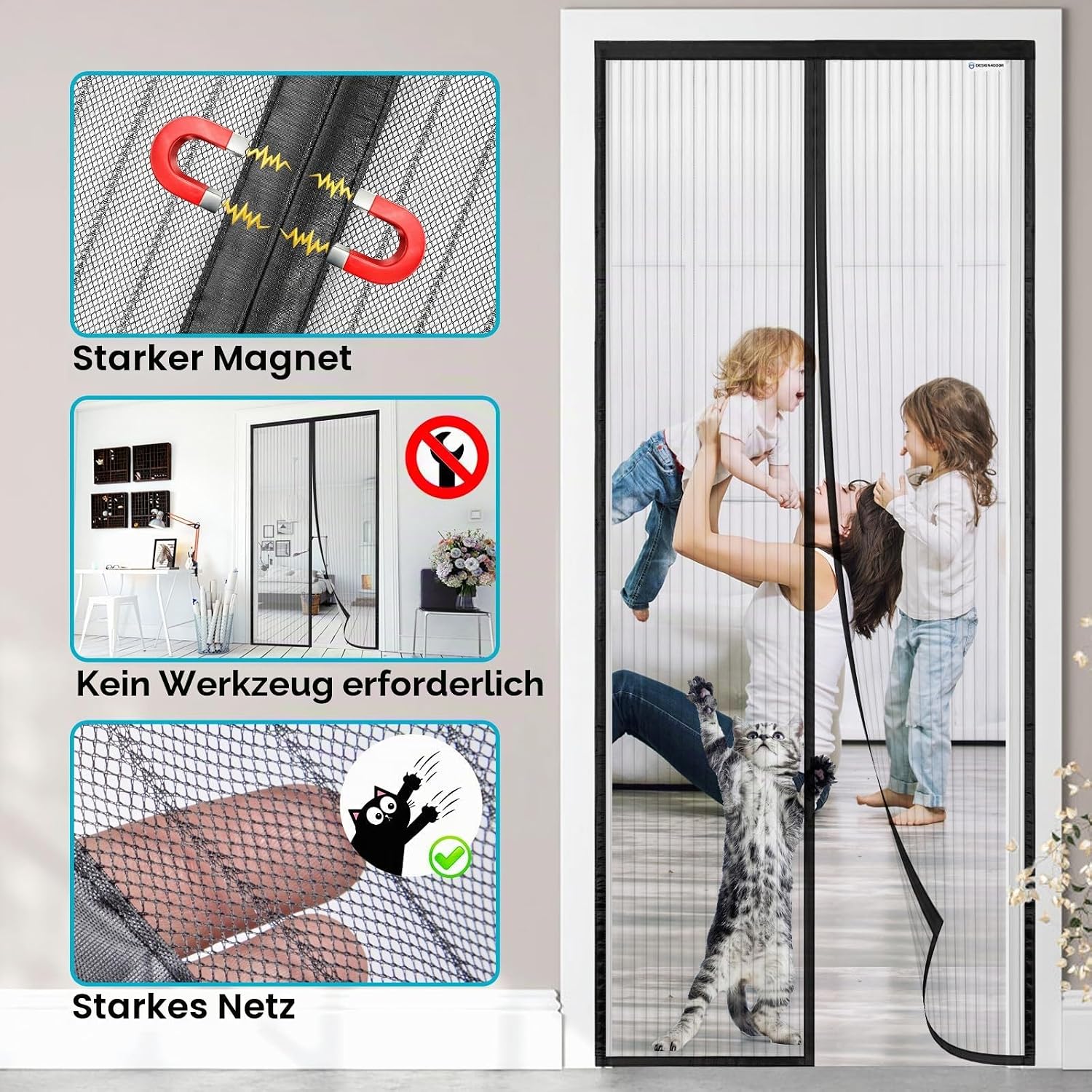 Detalle de Fliegengitter Tür 100x260cm – Design4Door Schwarz, Balkontür, magnetisch & leicht zu montieren