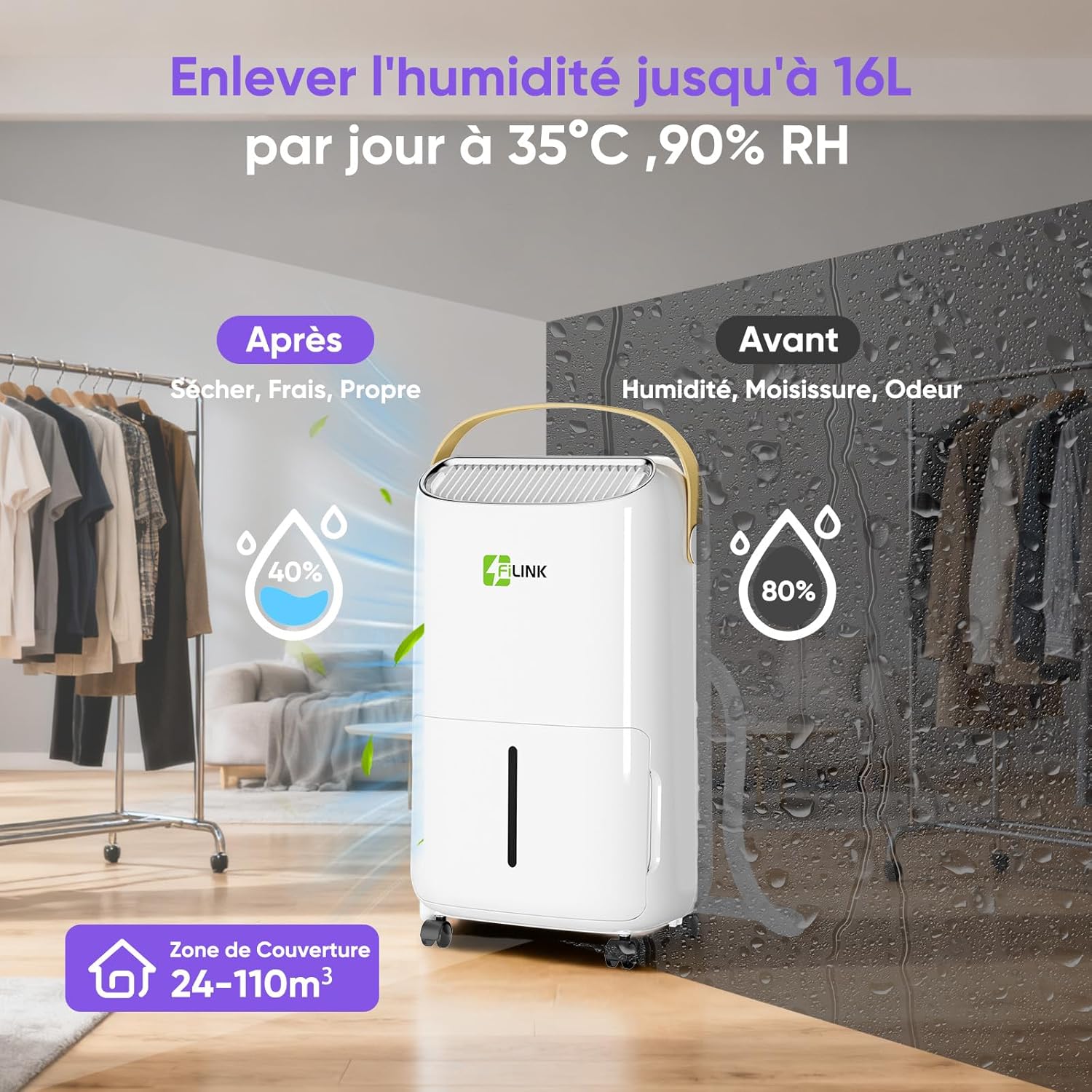 Detalle de Deshumidificateur d'Air 16L/Jour FILINK – 110 m³, 45 m², minuterie 24h et sécurité enfant