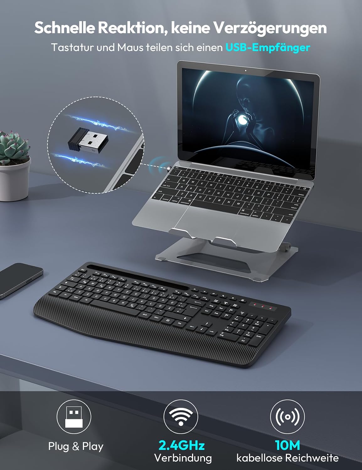 Detalle 2 de SABLUTE Kabellose Tastatur KN213 (Full-Size) mit Handballenauflage und Telefonhalter